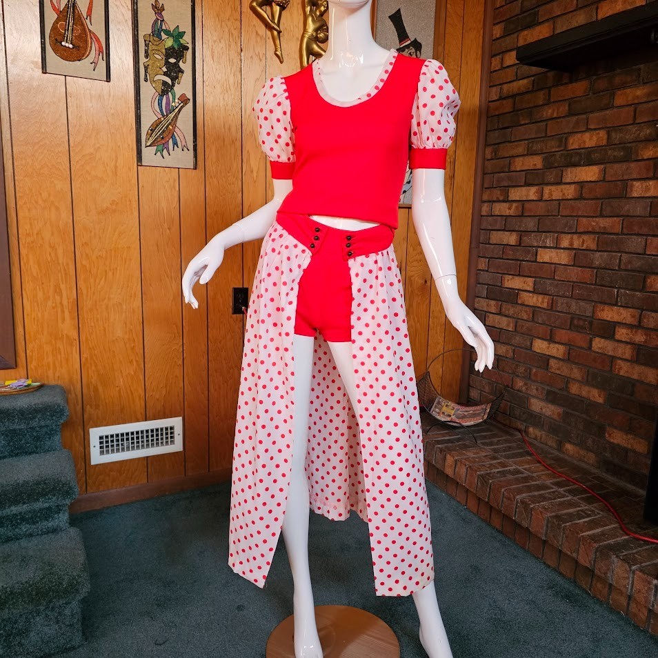 Vtg 60s Mod Go Go Dolly 3 Pc Polka Dot Hot Pant Shorts Party Dress Playsuit XS/S