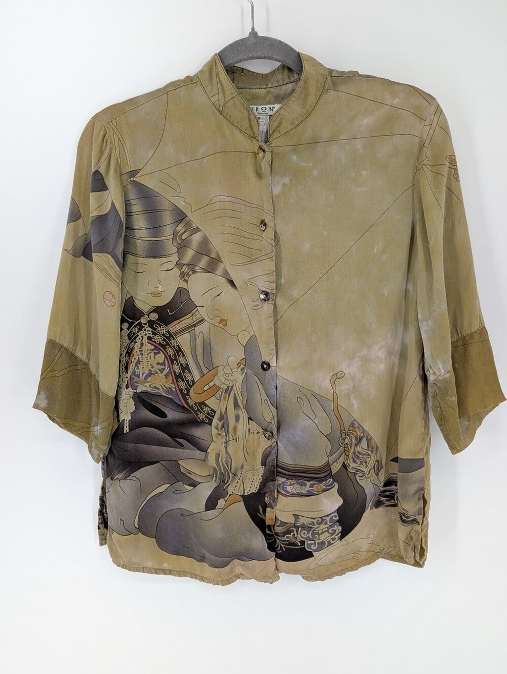 Citron Santa Monica 100% Silk Button-Up Blouse Asian Geisha Vintage Top SZ Small
