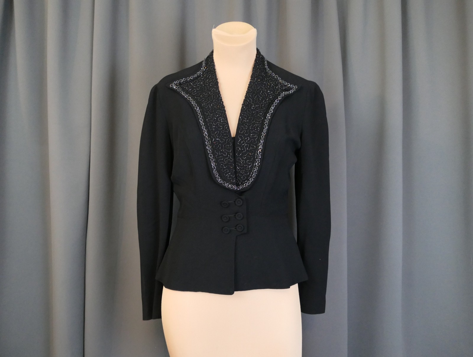 Vintage 1940s Black Beaded Blouse, 36 bust, Beaded Crepe Evening Top