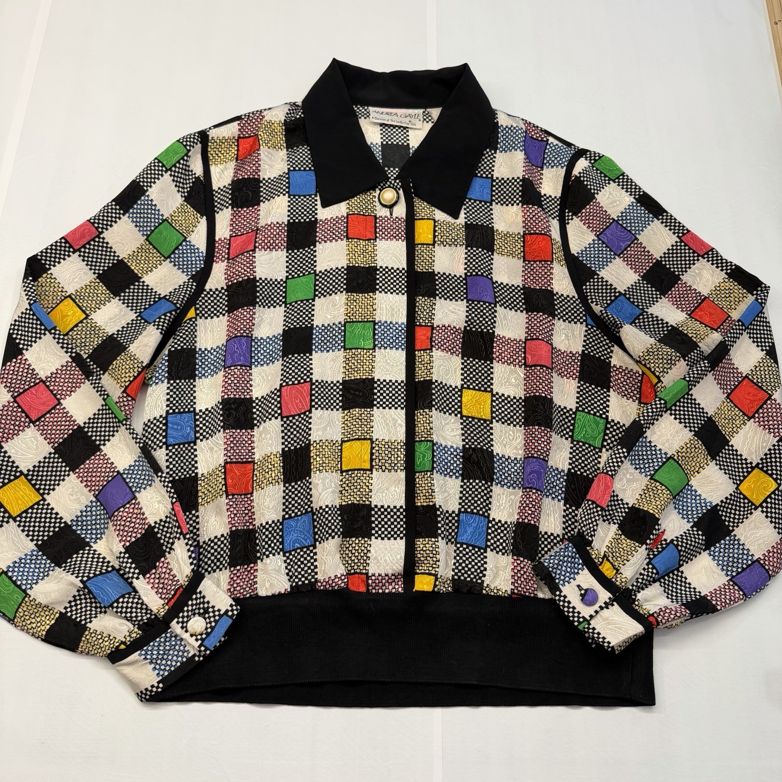Vtg Geometric Colorblock Polyester Andrea Gayle Secretary Geek Blouse Sz 14