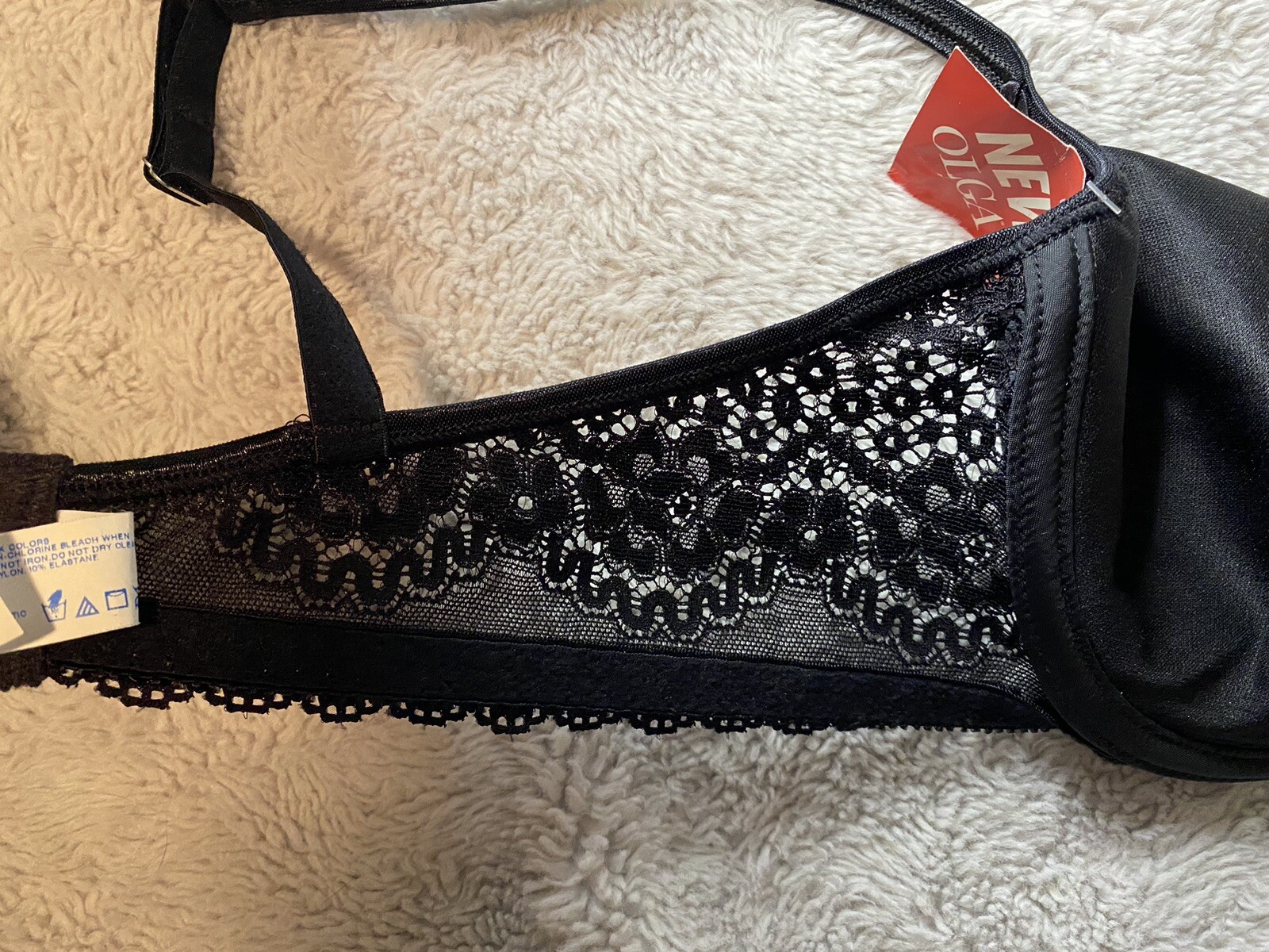 Vintage NWT Olga Black Lace Velvet Bra Bow Rhinestone 38C READ