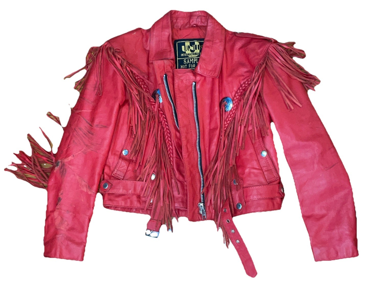 VTG 80’S SAMPLE UNIK Red Heavy Leather FRINGED Motorcycle Jacket Womens XS(read)