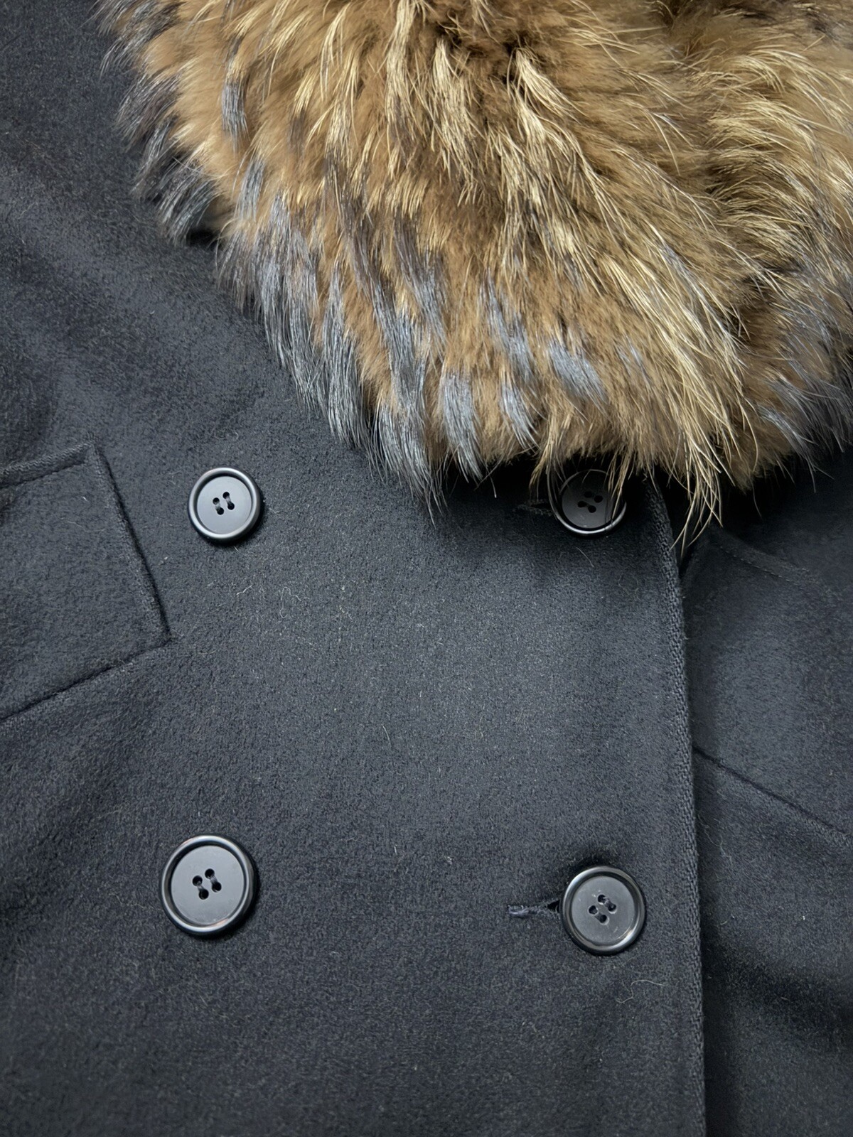 Vintage Gemini Black Full Length Wool Coat Jacket Finncoon Raccoon Fur Collar XL