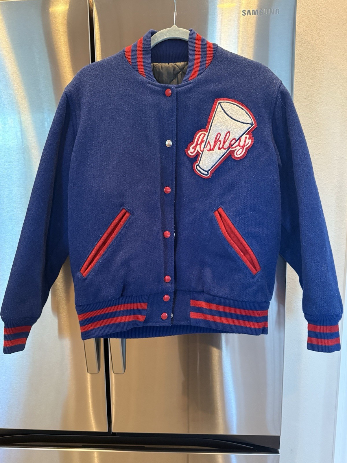 Vintage Cheerleader Varsity Jacket Wool Snap Front Blue Red USA Ashley Patch