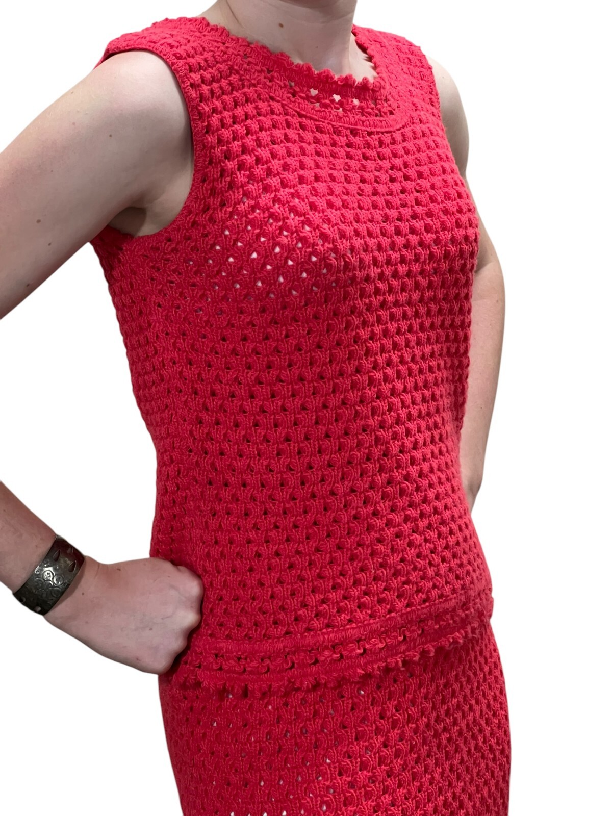 XS~ S Vtg 60s Coral 2 Pc Dress Set Open Knit Sears Acrylic Sweater Skirt Outfit