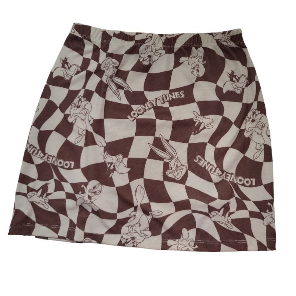 LOONEY TUNES Brown/Cream Soft Elastic Waist Mini Skirt Size XS