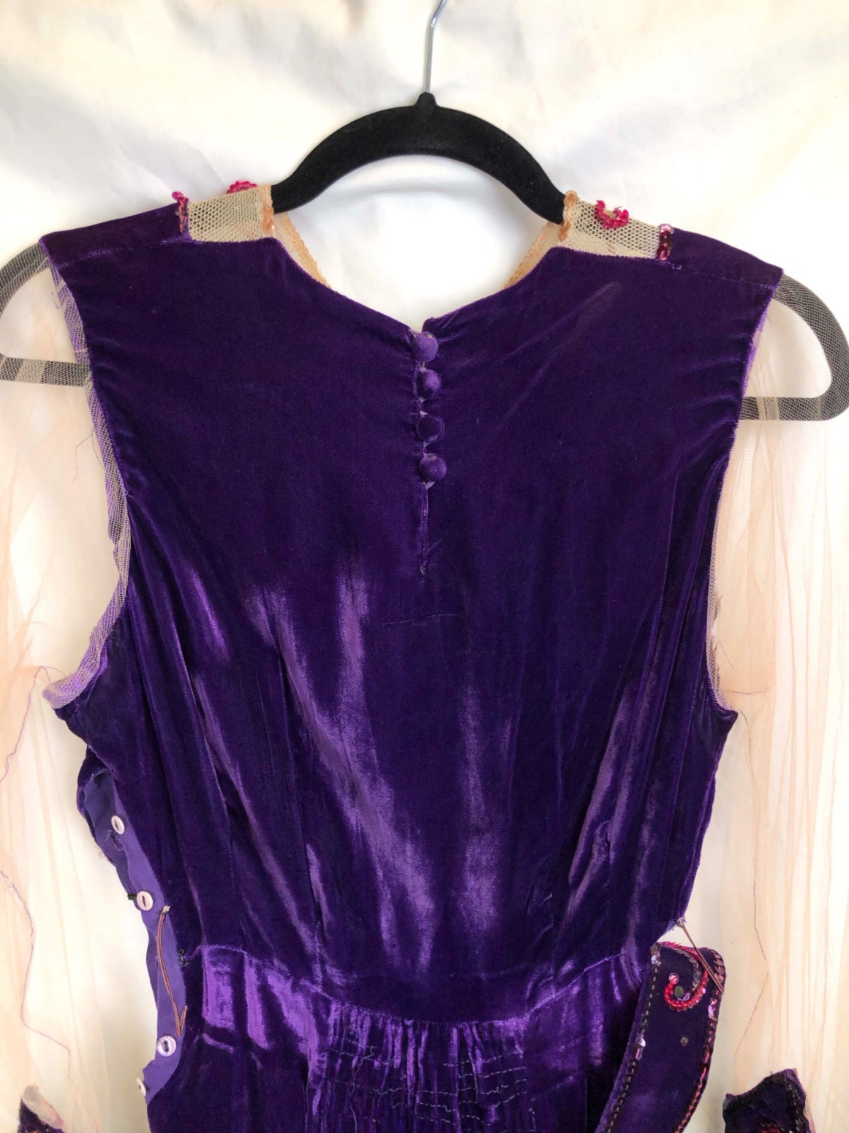1910’s 1920’s 1930’s Purple Velvet Midi Dress with Sequins, Mesh Sleeves