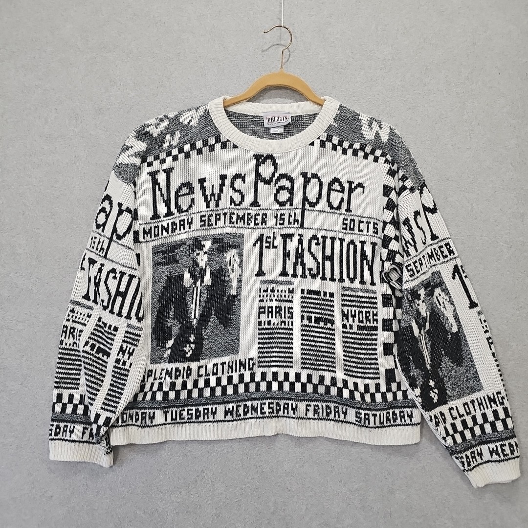 Newspaper Print Vintage Sweater 1st Fashion Headlines 80s Prezzia Brand Black…