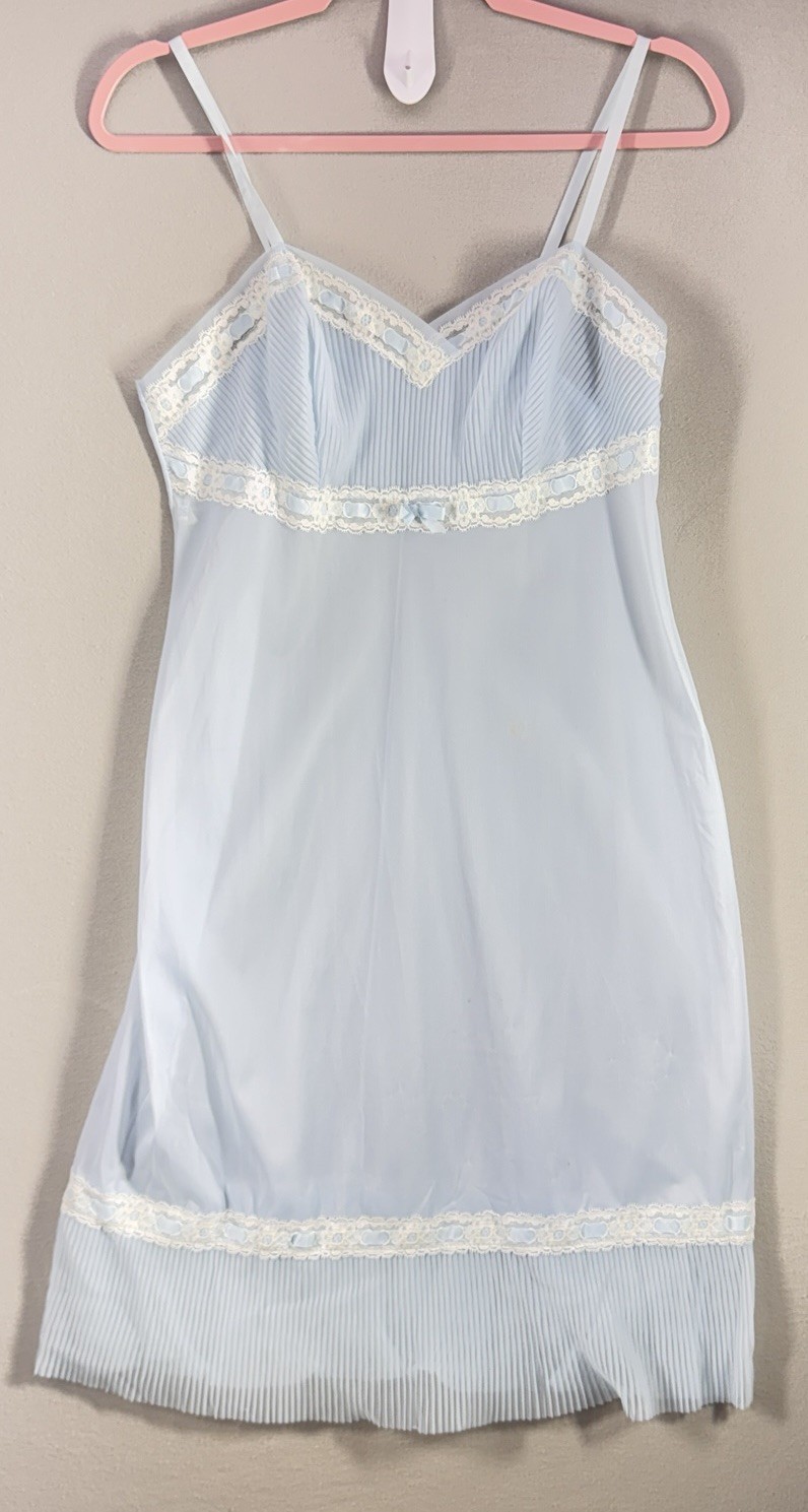 Vintage St Michael Sheer Blue White Nylon and Lace Midi Nightgown 36 Bust
