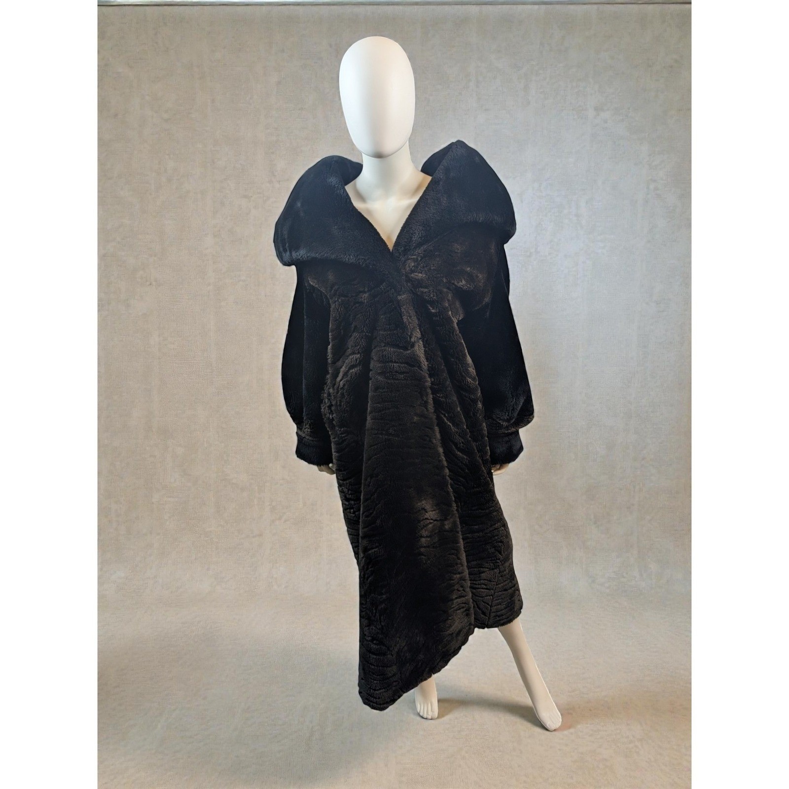Vintage Monterey Fashions Black Faux Fur Full Length Coat Womens Small