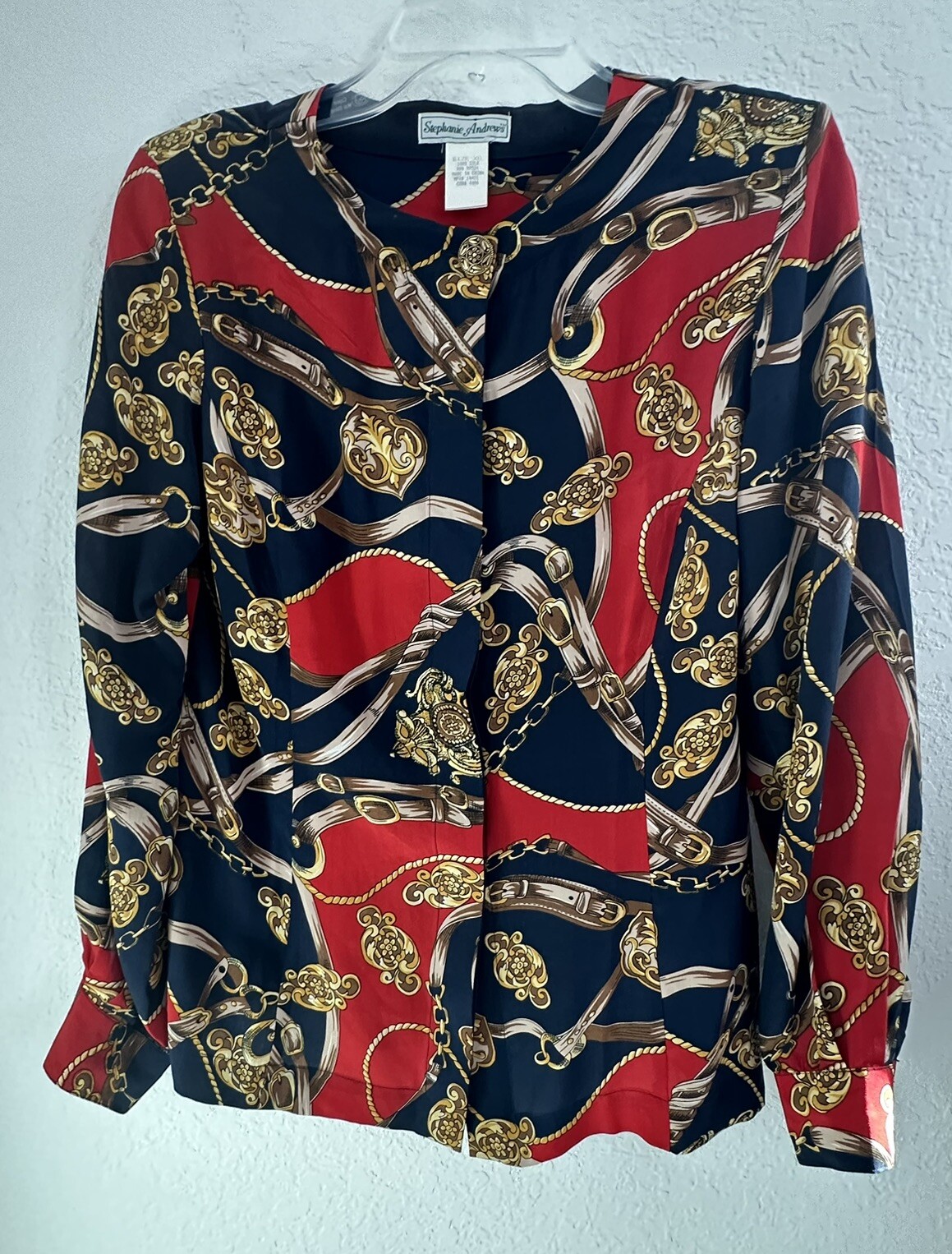Vtg Stephanie Andrews 100% Silk Button Dwn Blouse XS Navy L/S Corpcore Old Money