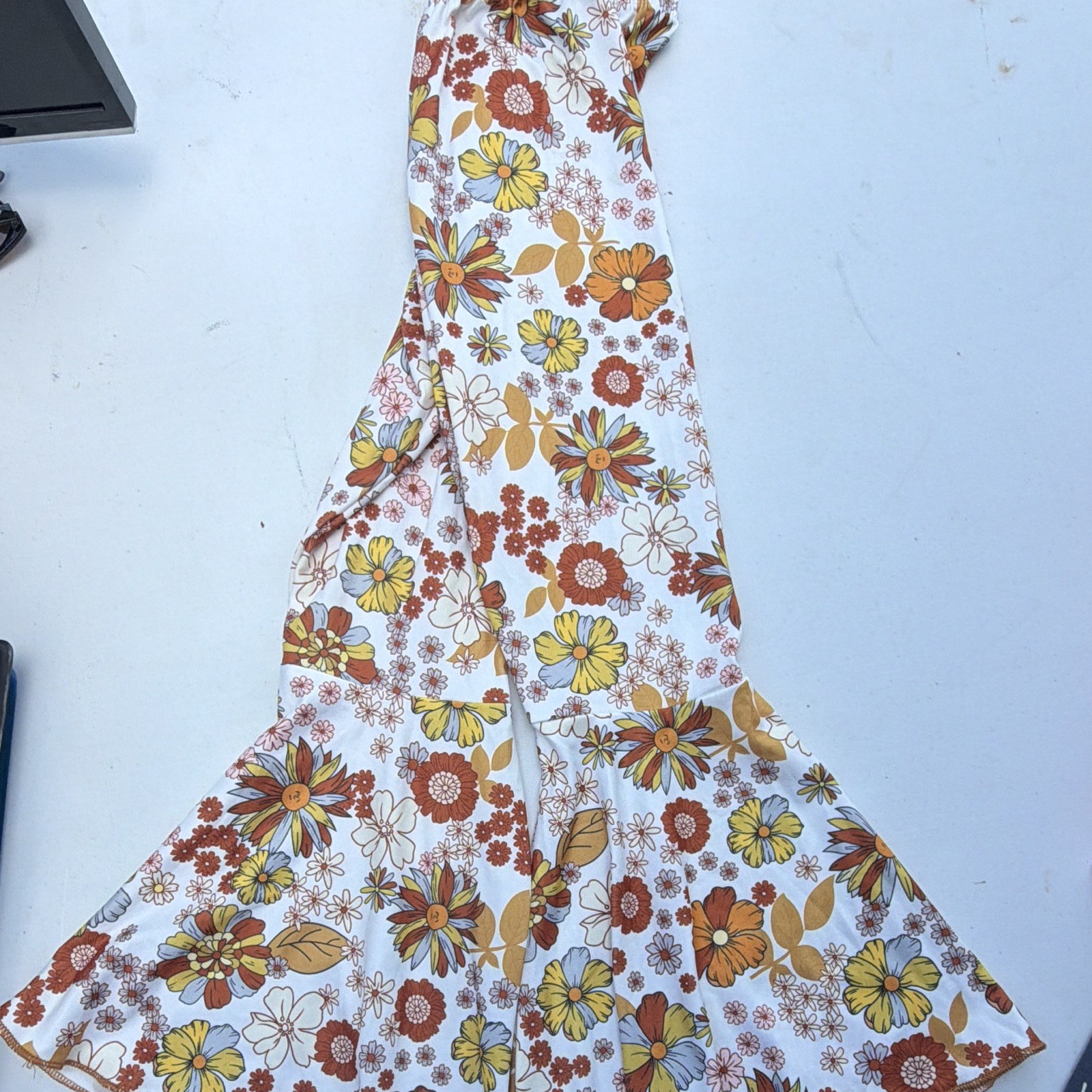 Vintage Floral Jumpsuit/Playsuit Multicolor White Yellow Brown Flower Print