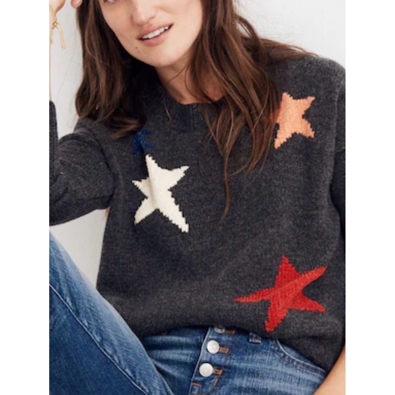 Madewell Starry Night Pullover Sweater Heather Gray Colored Stars Size Medium