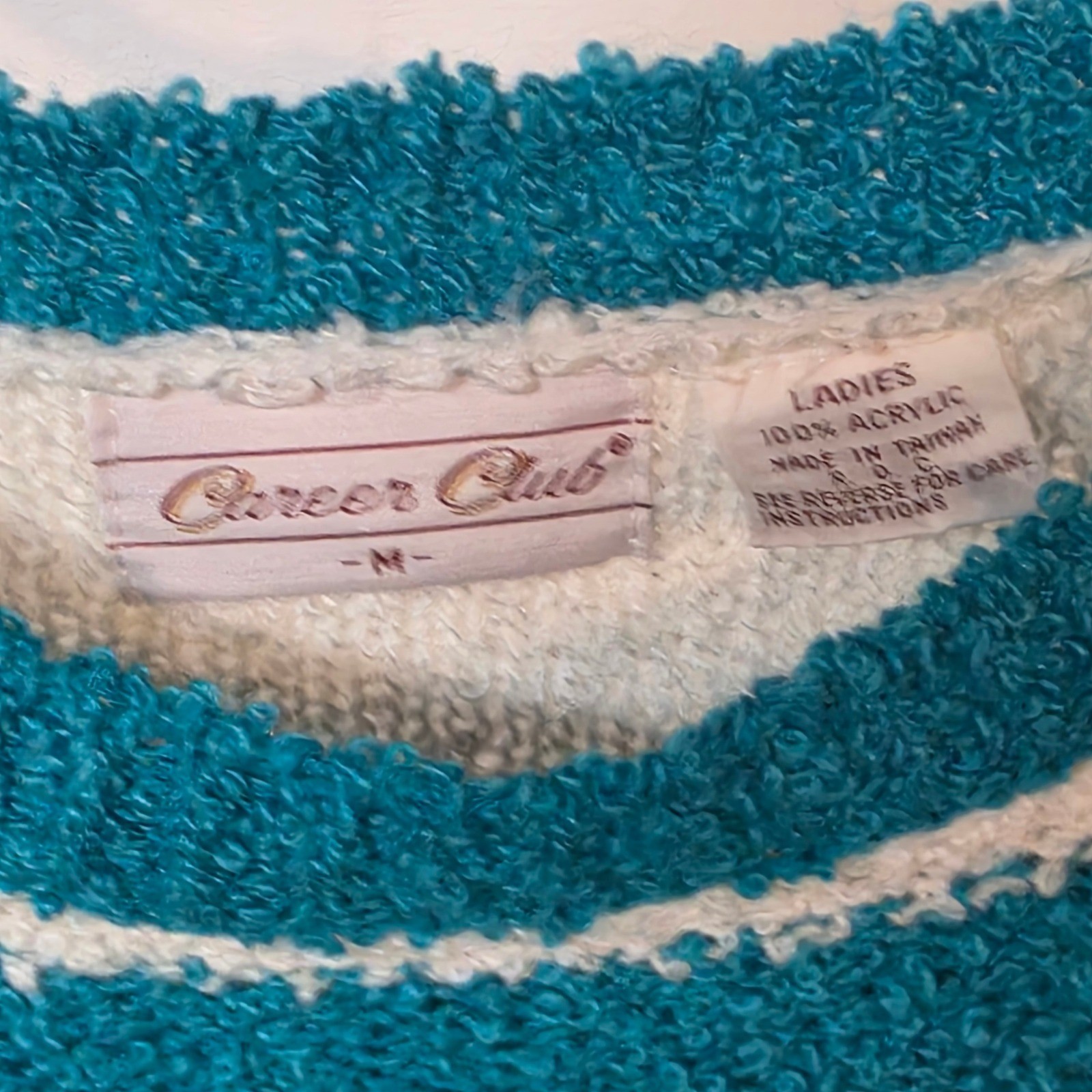 Vintage Career Club Teal White Striped Boucle Short Sleeve Sweater L78362