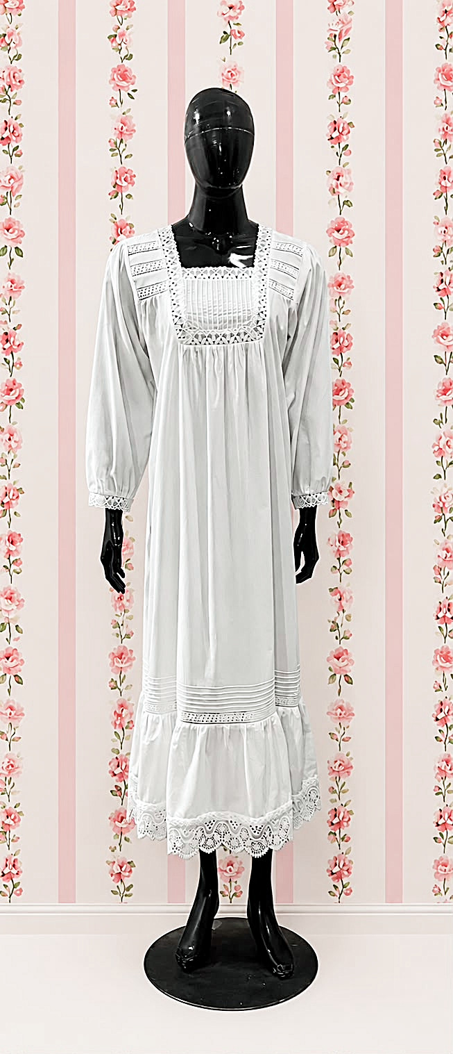 SoieRose 100% Cotton Vintage Cottagecore Victorian Lace Trim Maxi Dress SR-1314
