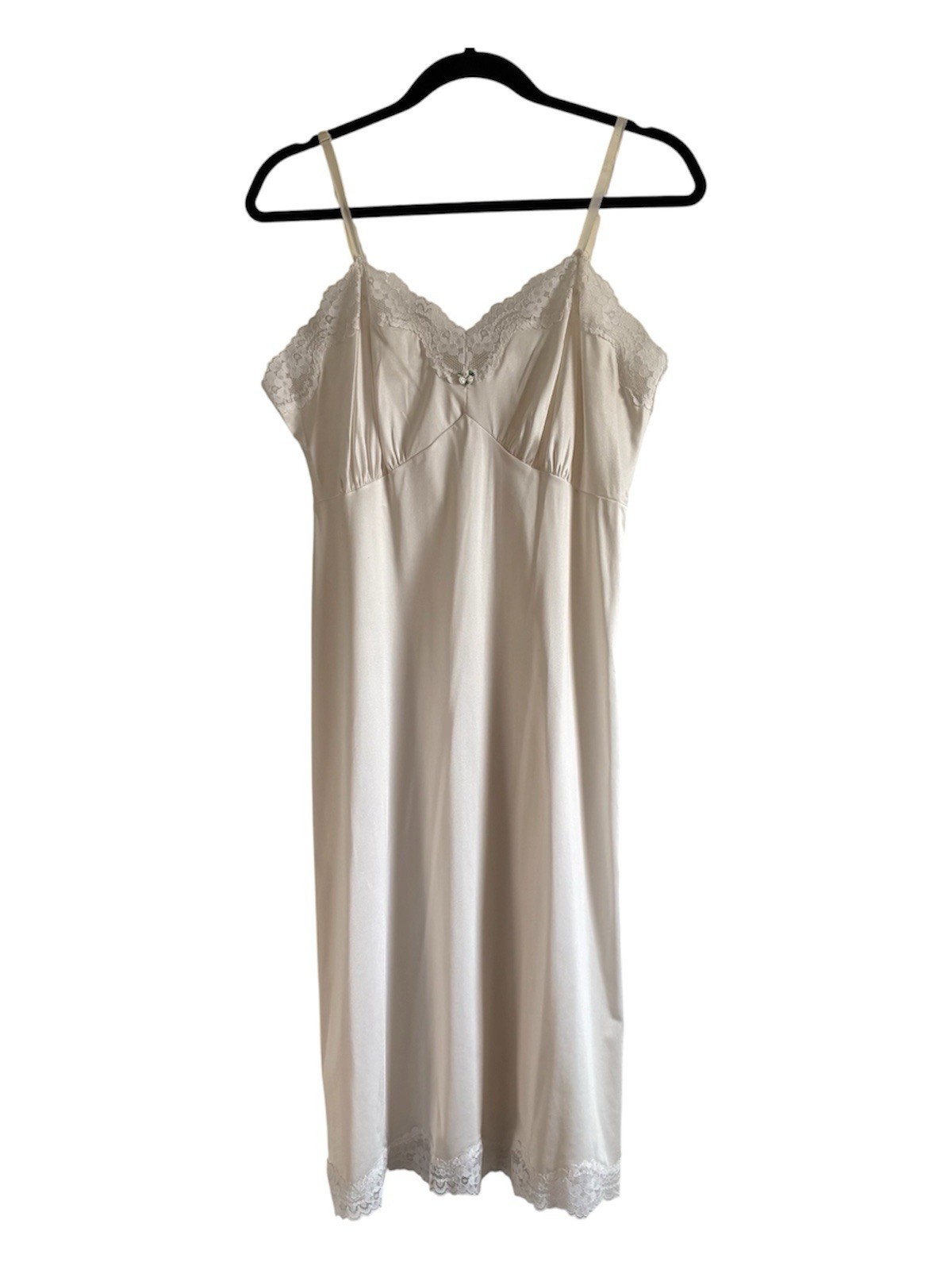 Vintage Ivory Lace Full Slip Nightgown Adjustable Straps Stretch Tricot Size M