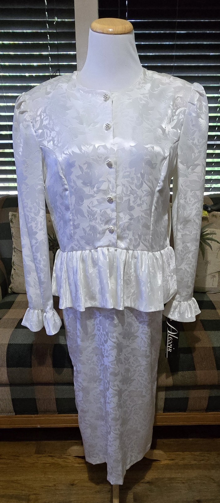 Vintage ALEXIS Satin Peplum Dress Sz 11/12 White Floral Puff Sleeves Ruffle NOS