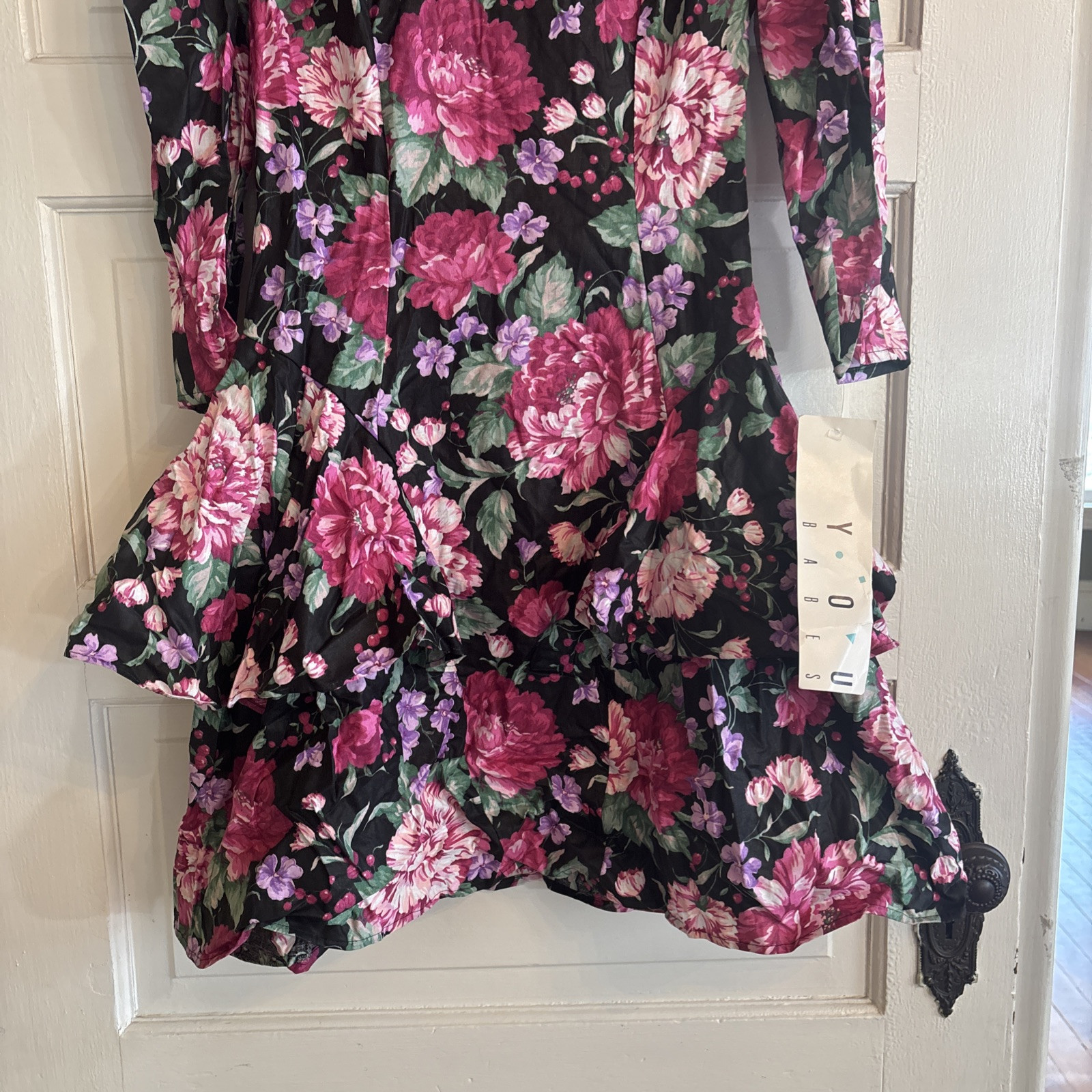 Vintage 80s Cottage Core Puff Sleeve Floral Punk Dress Peplum 3 XS Mini New Wave