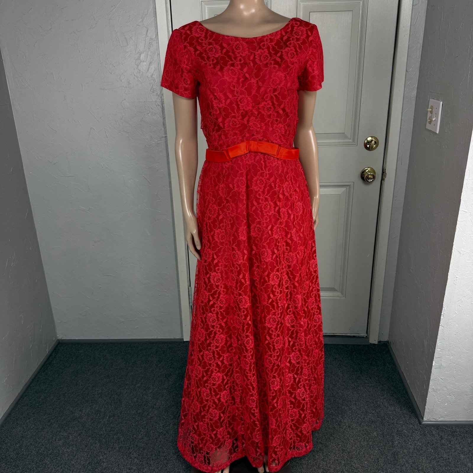 Vintage 70s 80s Party Dress Formal Lace Maxi Evening Taffeta Long W24