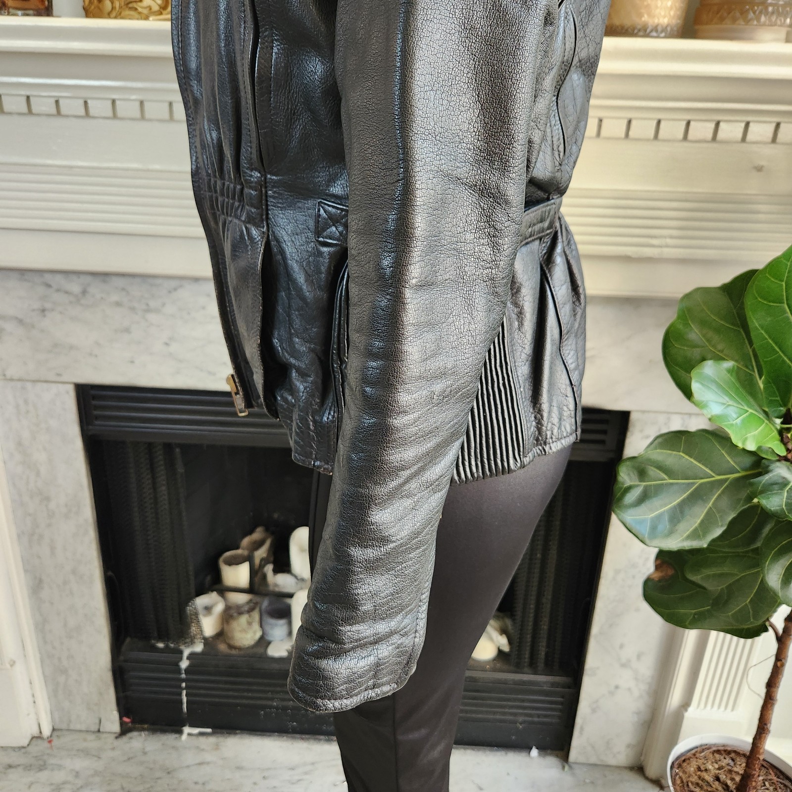 Vintage 80s Black Leather Moto Jacket Racing Biker Skull Size Medium Rocker