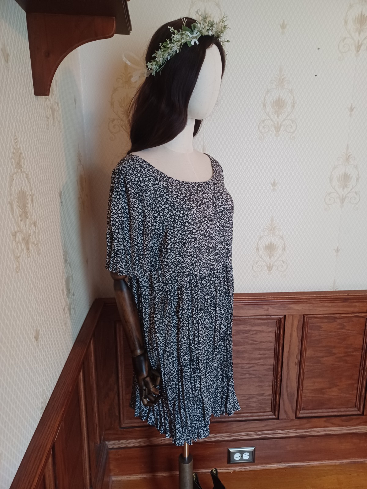 Vintage 80s/90s Semi-Sheer Black and White Floral Grunge Babydoll Dress