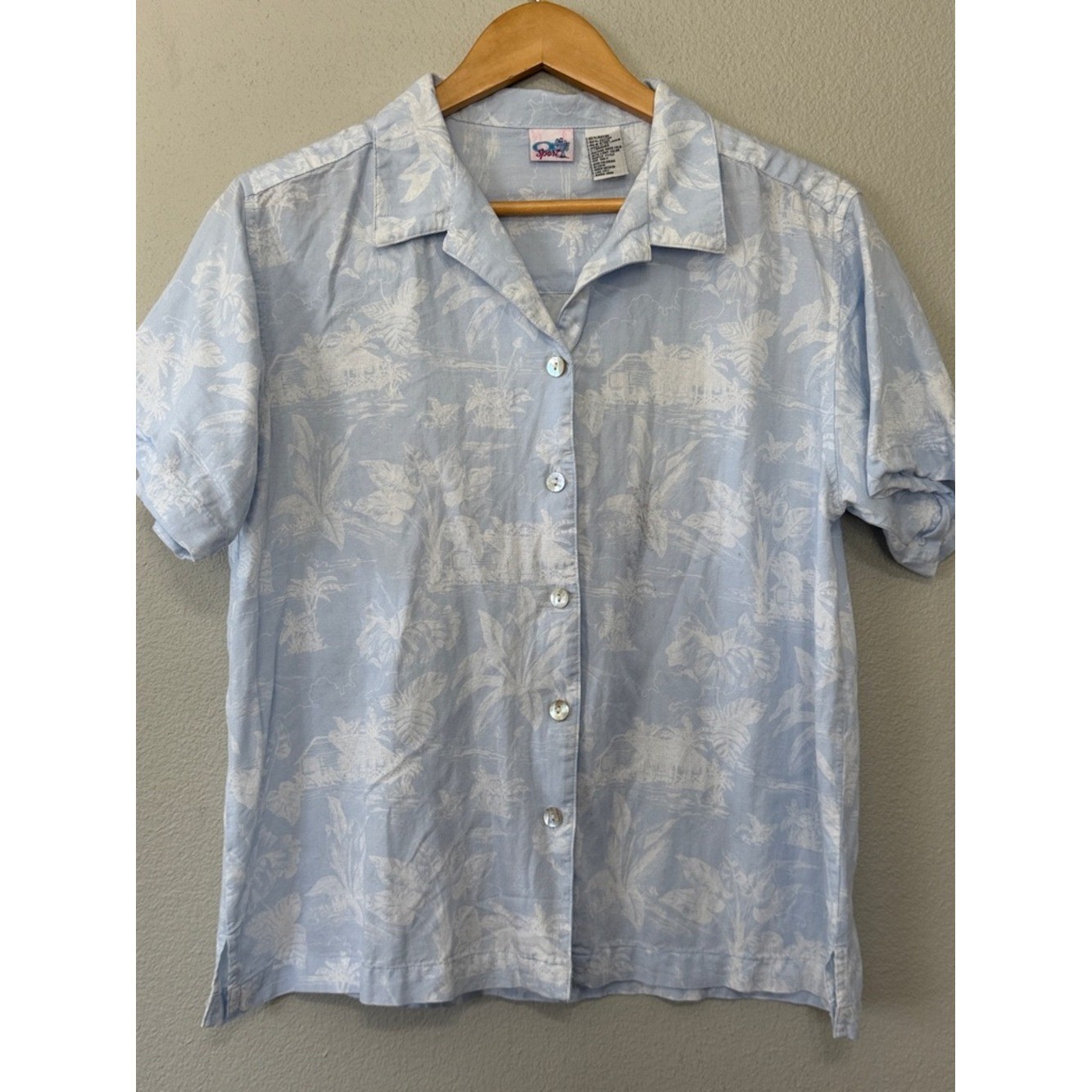 VTG 90’s OP Sports Women’s Button Up Tropical Blouse Large Blue Vacation