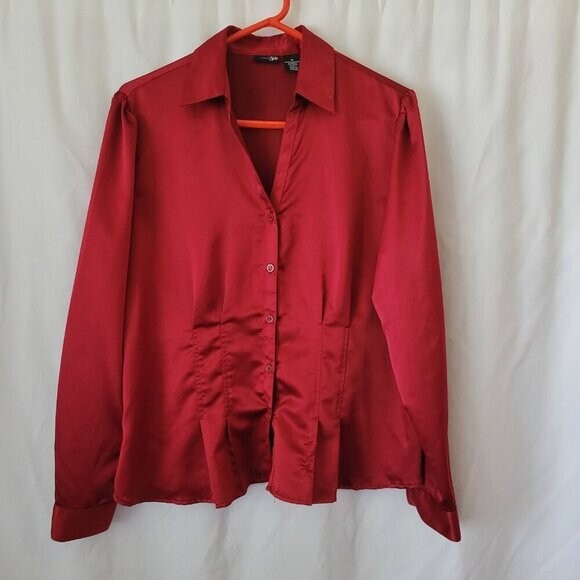 East 5th Blouse Red silky Retro pleats sz 18 Y2K Vtg romantic corporate 90s EUC