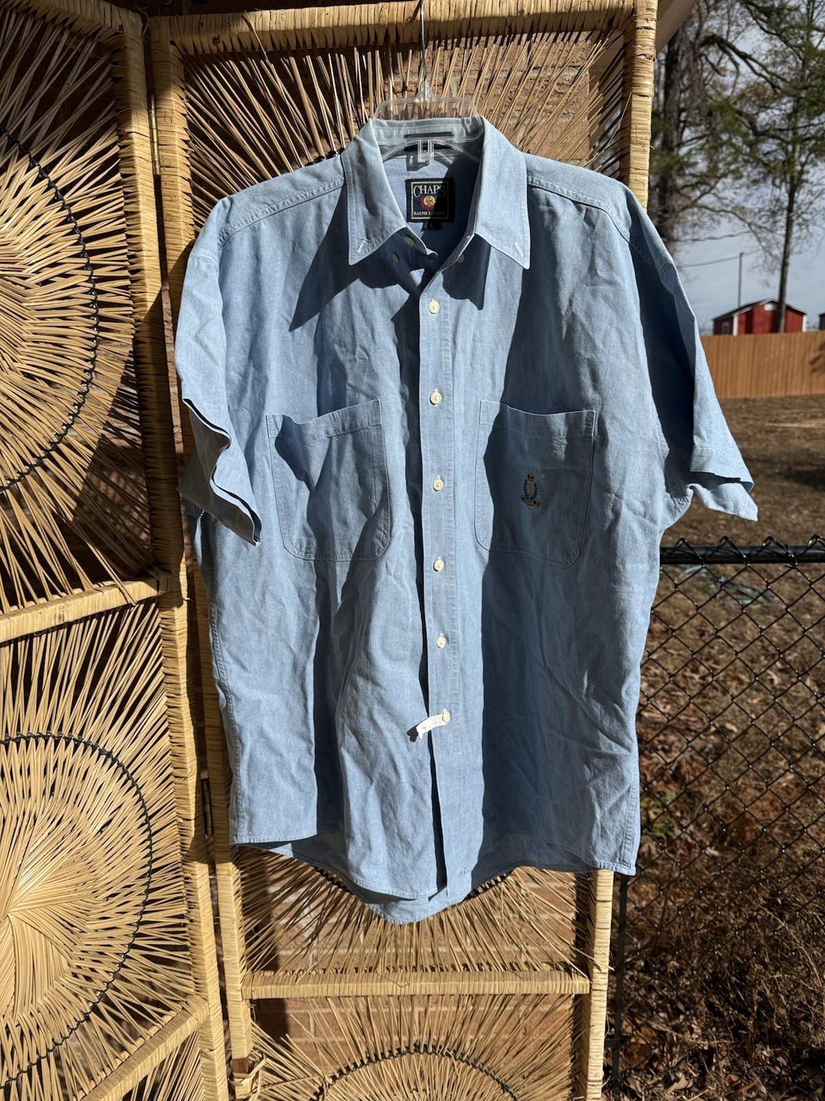 Vintage Ralph Lauren Chaps Blue Chambray POLO Crest Pocket Short Sleeve Shirt L