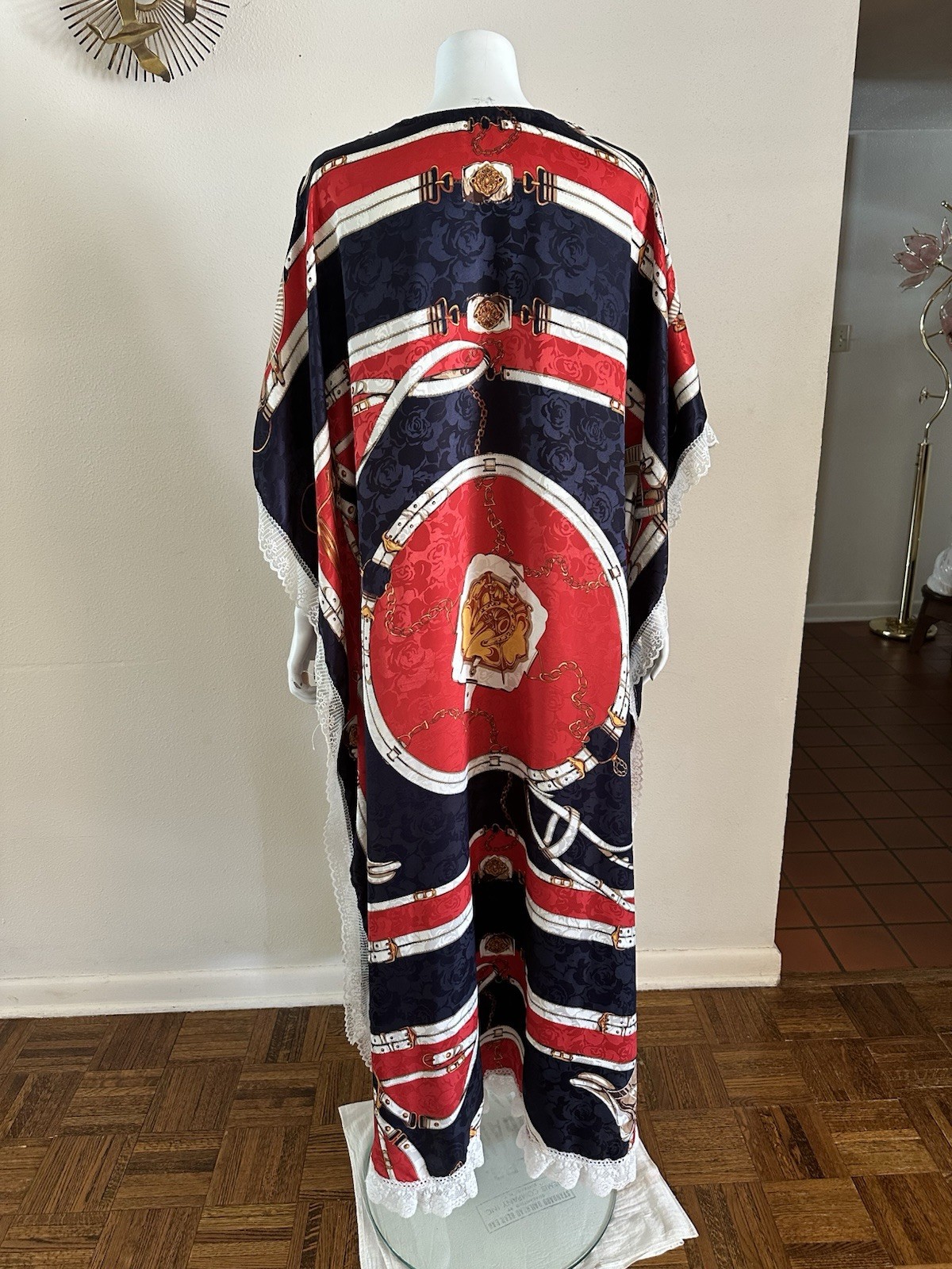 1970s Equestrian Scarf Print Caftan Dress Red Navy Gold Maxi Boho Resort Vintage