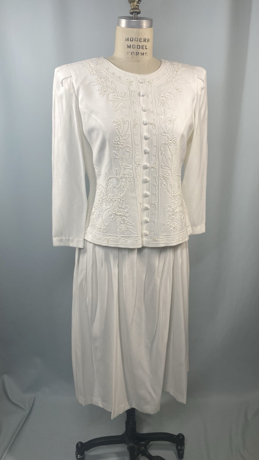 Vintage Dress SIZE 10P MEDIUM ivory white KARIN STEVENS classic MOB 80s 90s
