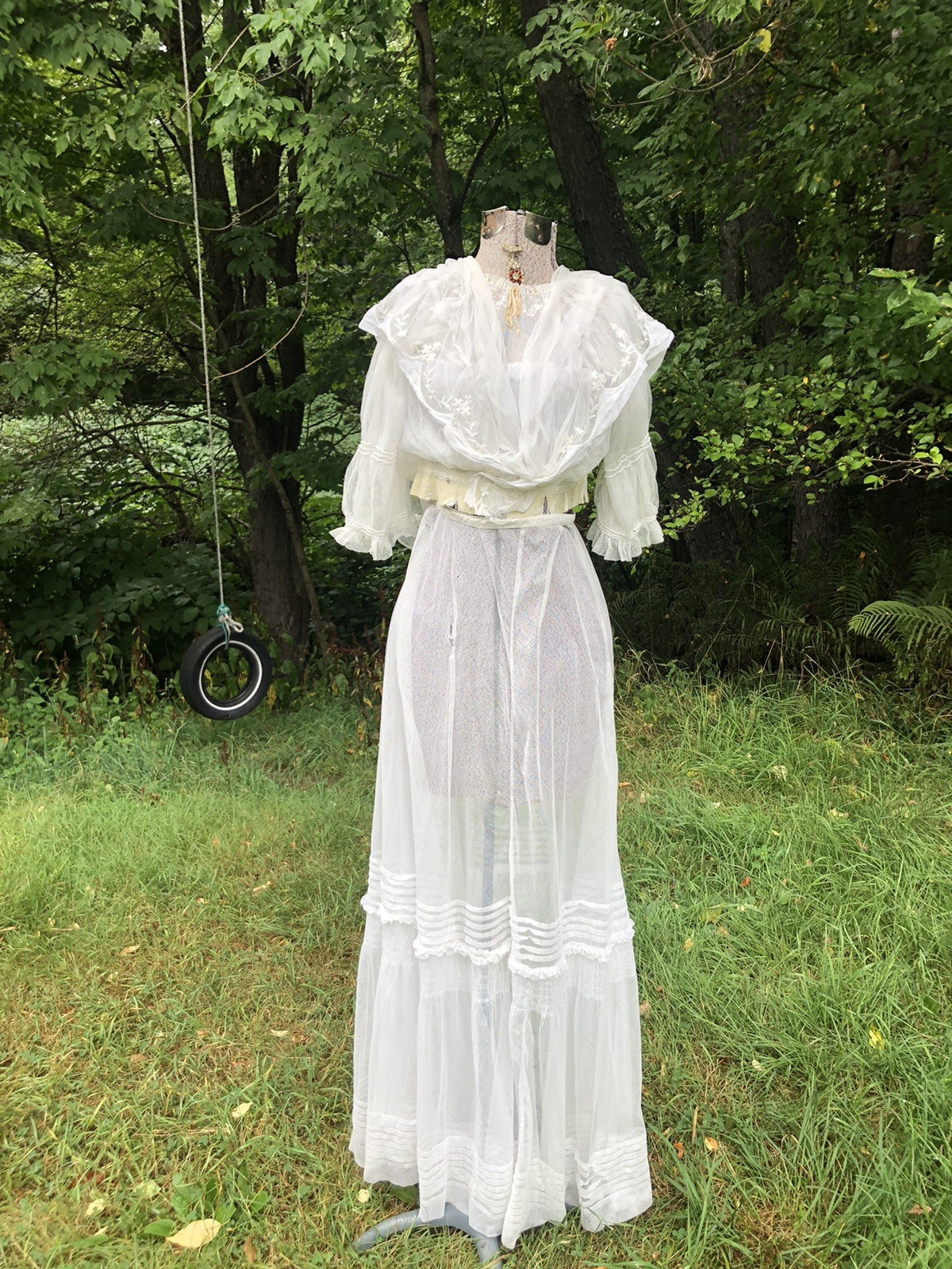 Vintage Edwardian Ethereal 1900’s Sheer Net Embroidery Bodice Skirt B 34” W 28”