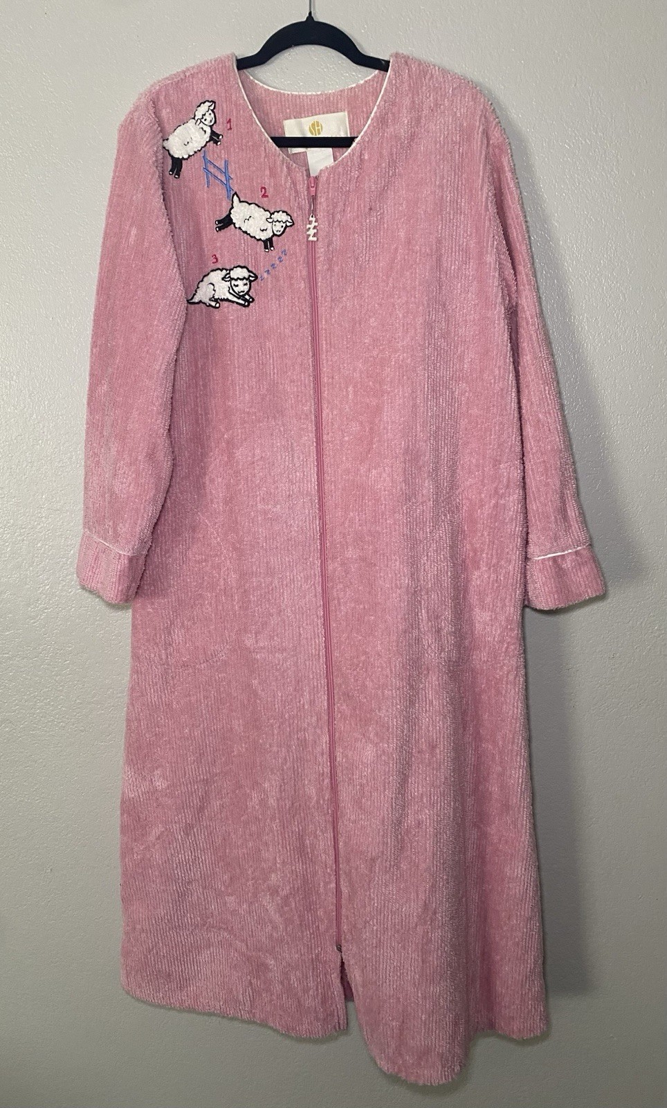 Vintage Stan Herman Cottagecore Grandma M Full Zip Embroidered House Robe Sheep