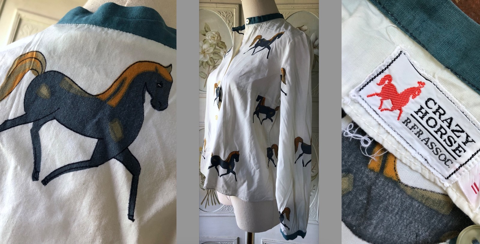 VTG 80s CRAZY HORSE SPORTSWEAR NOVELTY COTTON SHIRT HORSE PRINT CREAM BLUE 11/12