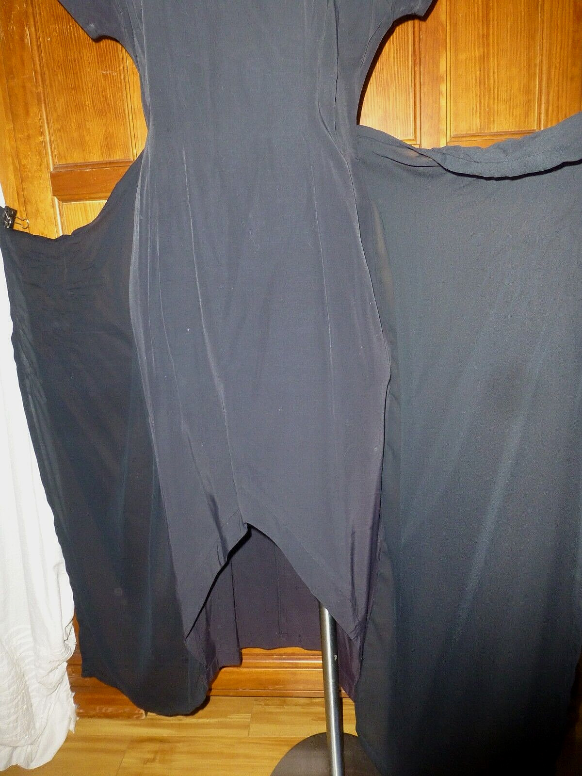 Vtg 80s Black Sarong Wrap Chiffon Skirt Retro Cocktail Sheath Midi DRESS M L