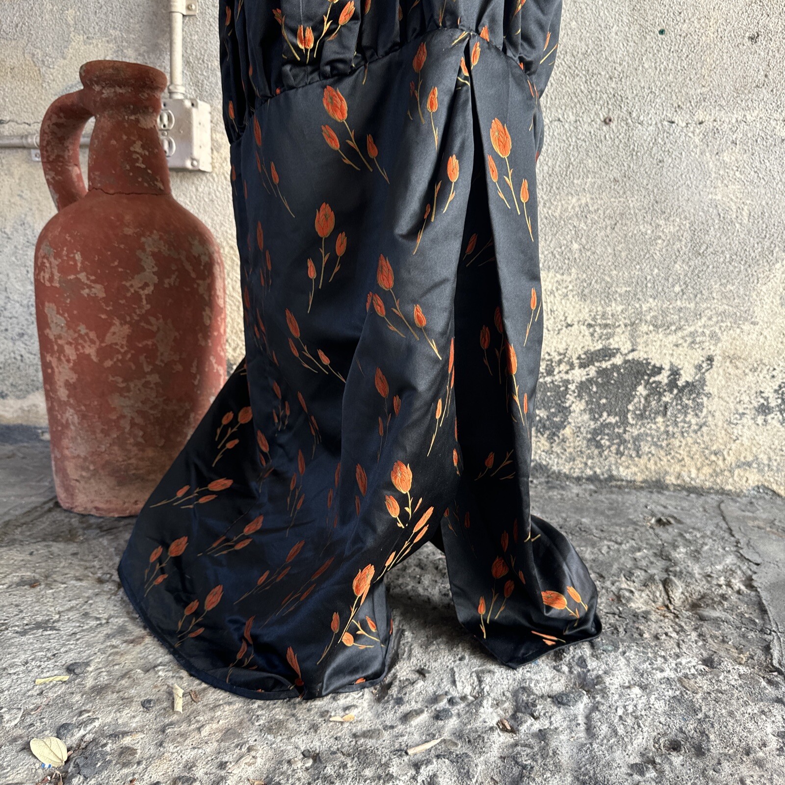 Antique 1920s Orange Tulip Silk Brocade Dress 1890s Fabric Full Length Vintage
