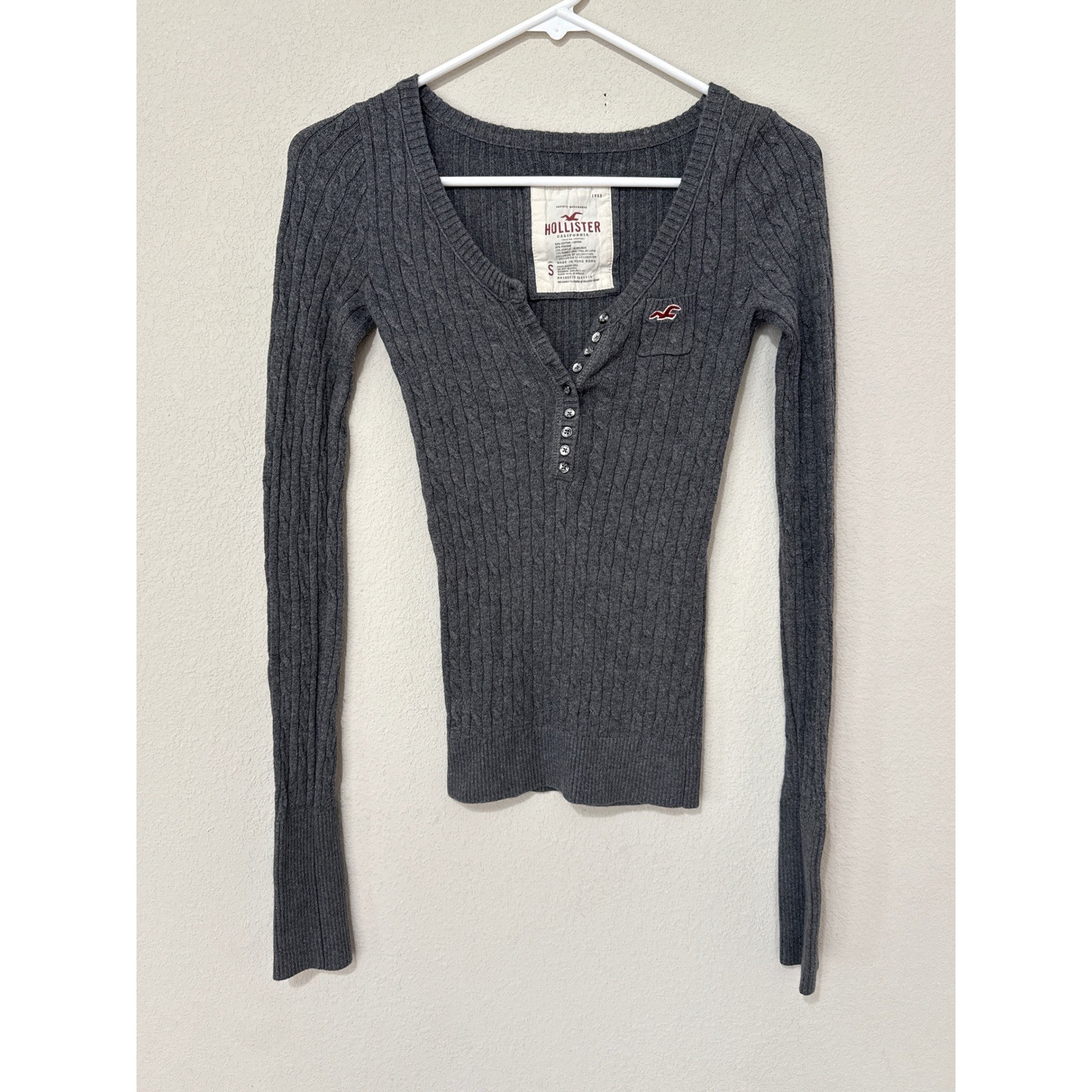 VTG Y2K Hollister Cable Knit Henley Gray Sweater Women’s Small Bella Swan Elena