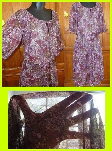 VTG 70s 1970 Sheer Floral print Puff Slv BoHo Cocktail Secretary Peasant DRESS L