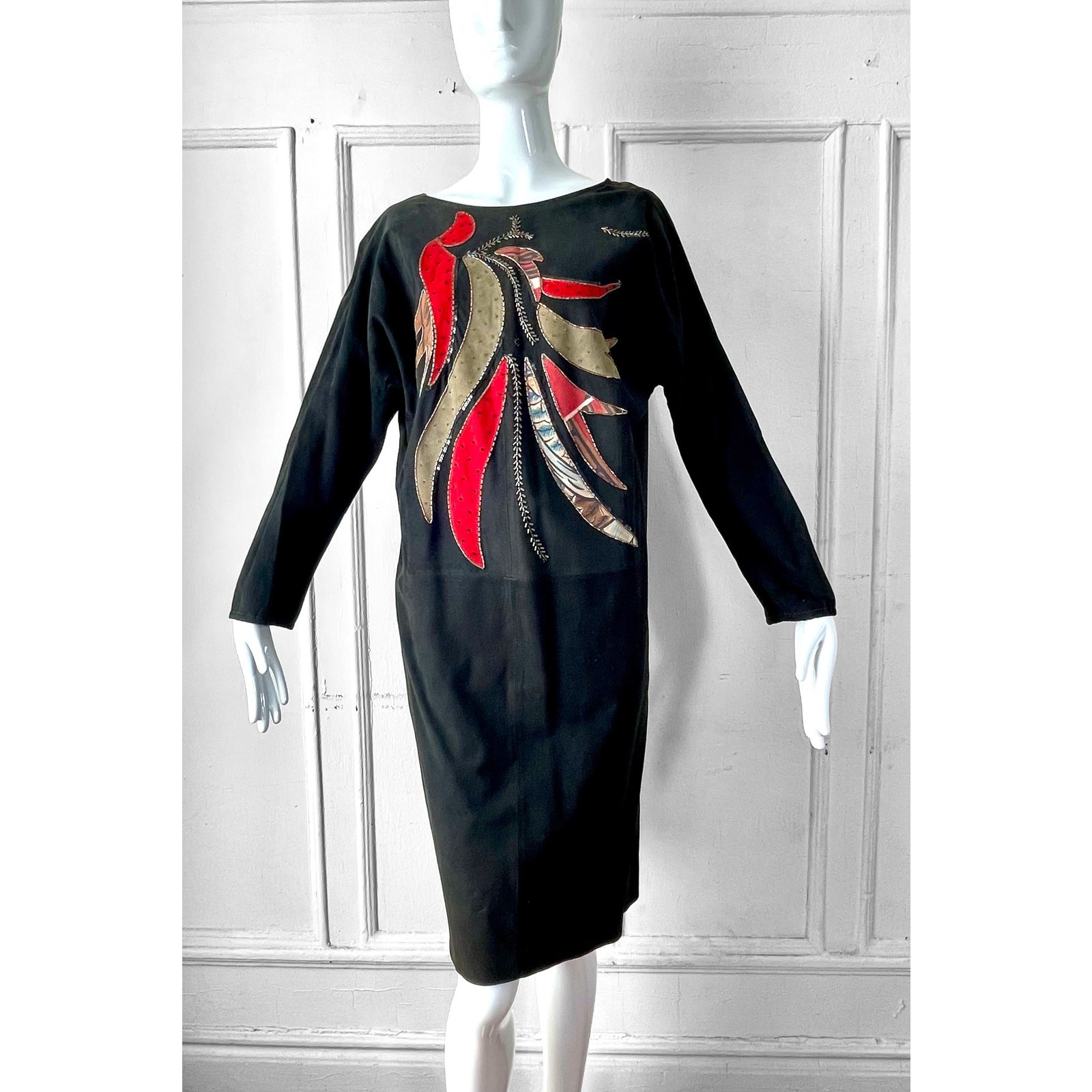 80s Suede Beaded Leather Dress Judith Ann Creations Applique Raglan Sleeve S