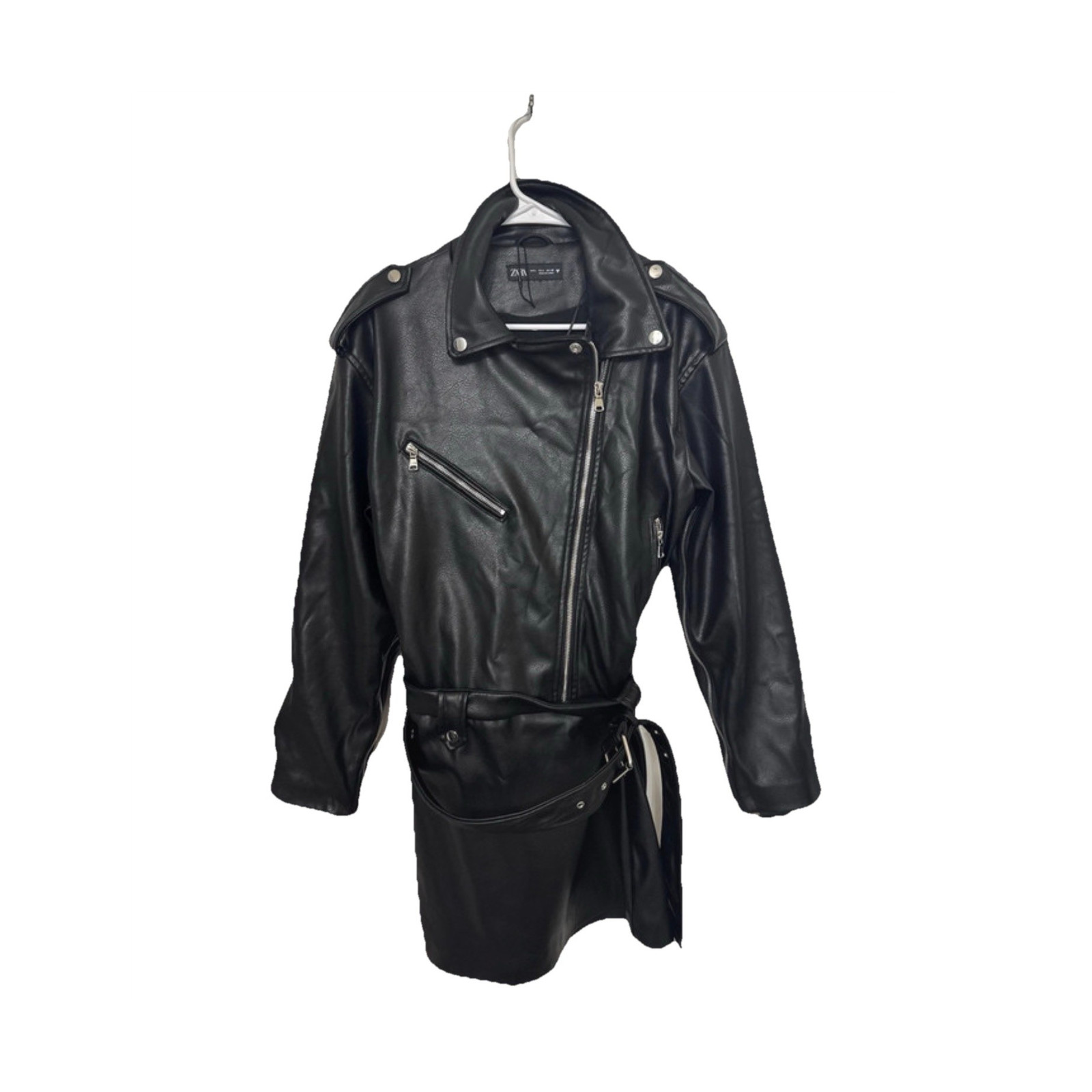ZARA Women’s Faux Black Leather Biker Belted Zip Front Notch Collar Dress Size L