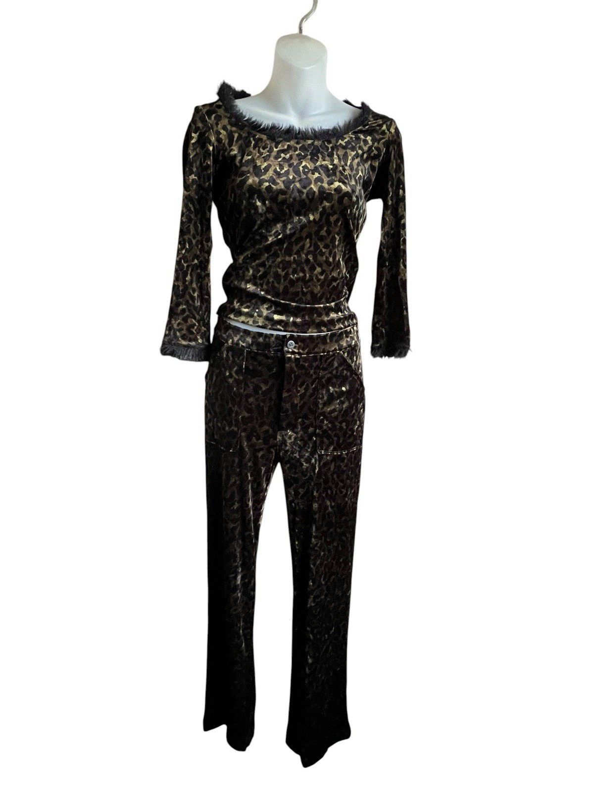 RARE Vintage 90s Betsey Johnson NY NWT Leopard Velvet 2PC Set Faux Fur Y2K S/P