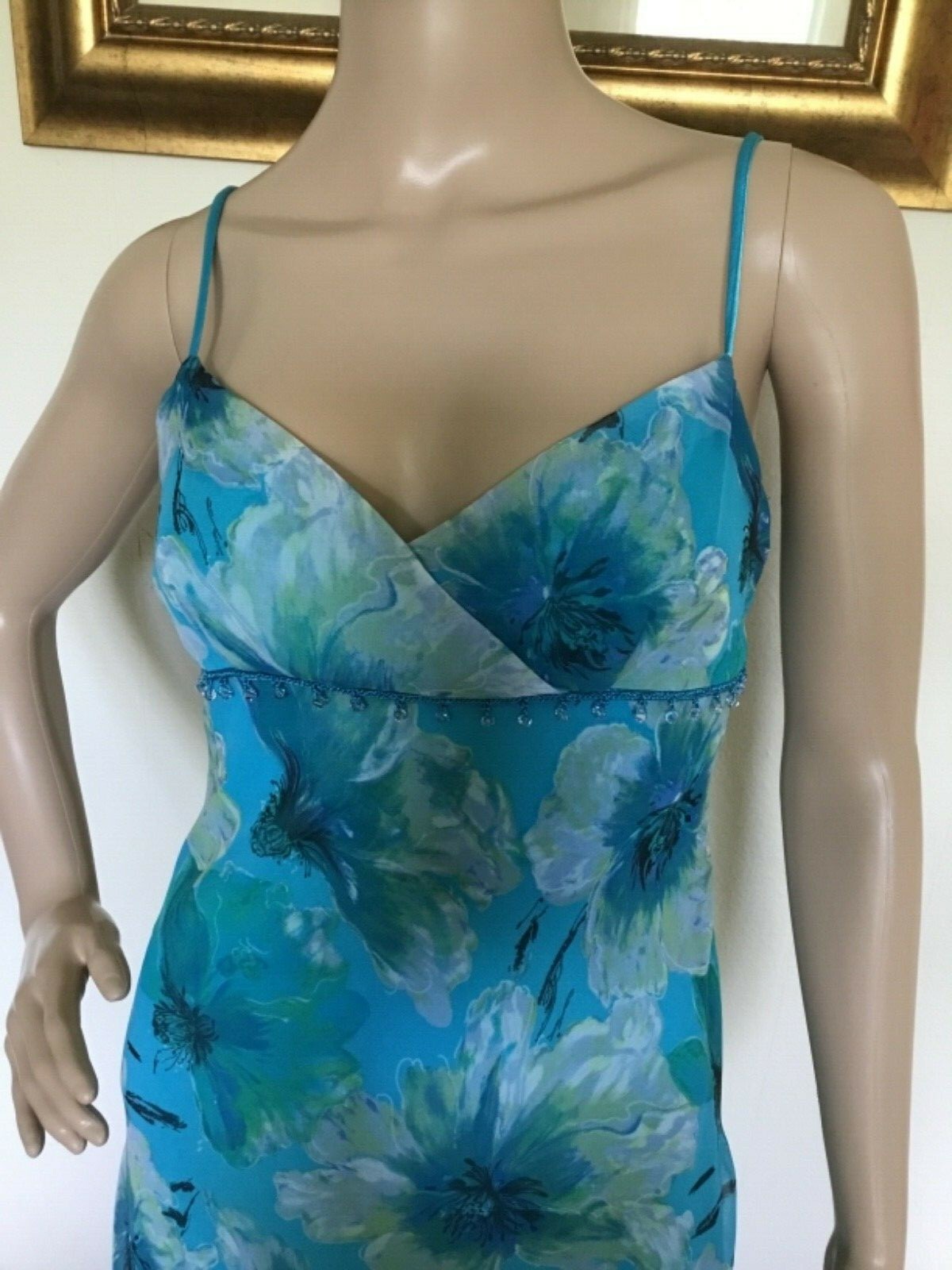 90’s Vintage Blue Sexy Yellow White Floral Beaded Sundress