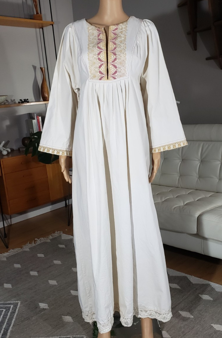 VTG 70s California Charmer Prairie Hippie Boho Cotton Maxi Dress Floral Crochet