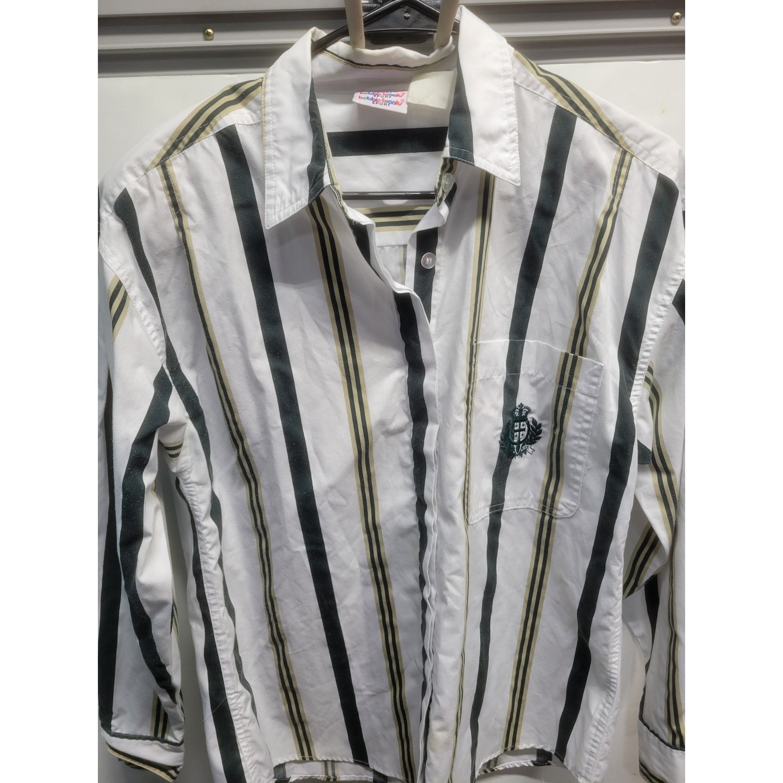 Bobbie Brooks Sport Striped Button Down Shirt White Green Tan Embroidered Crest