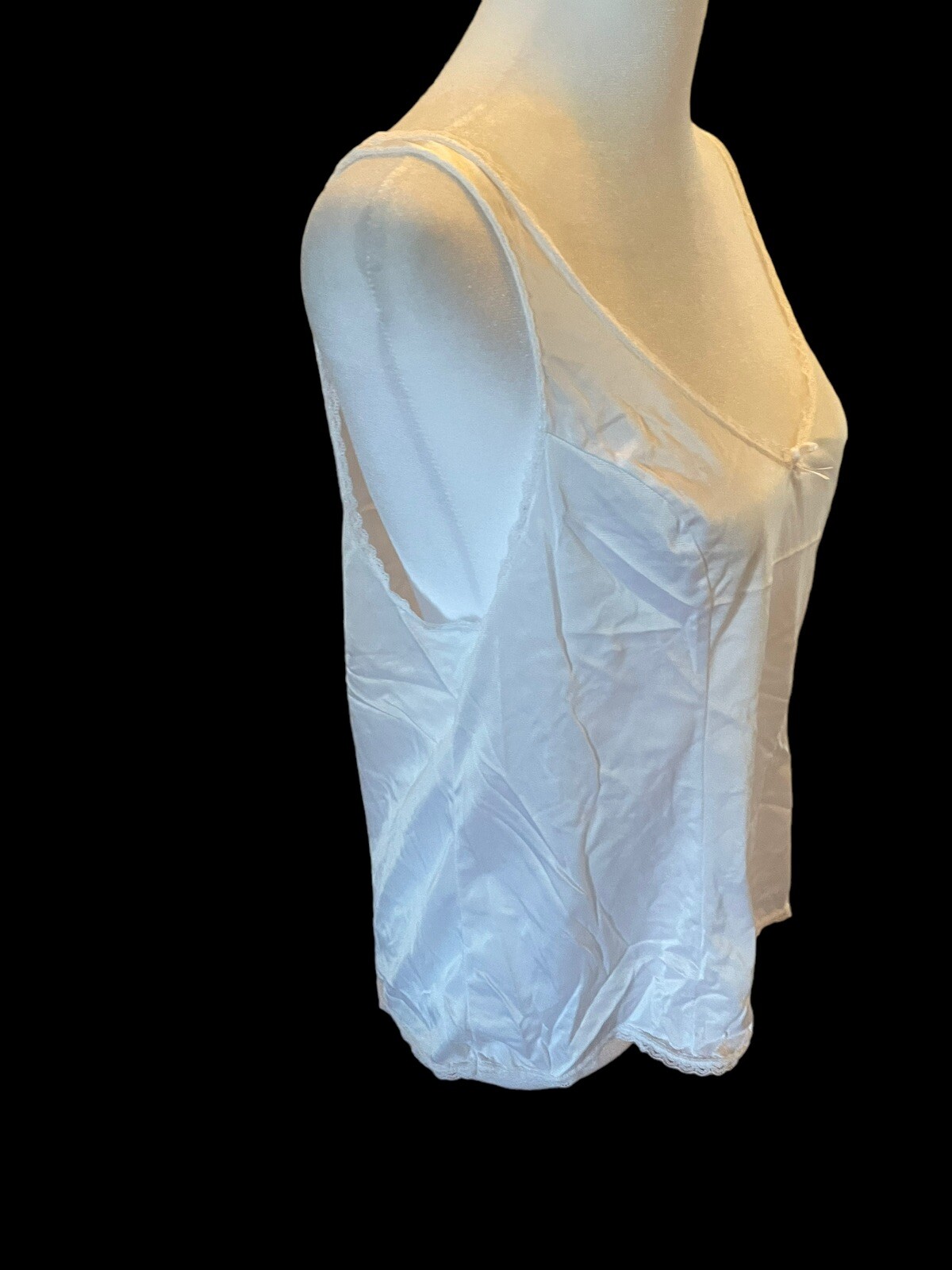 Vintage Vasserette V-Neck Cami Top Lace Trim Size Large White 100% Nylon Stretch