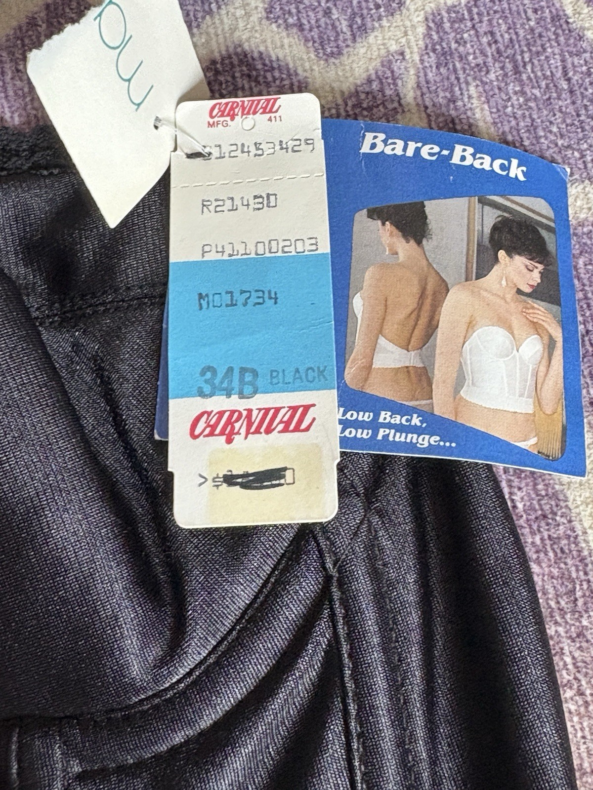 Carnival Black Long Line Bra Strapless 34B #203 Low Back VINTAGE NOS