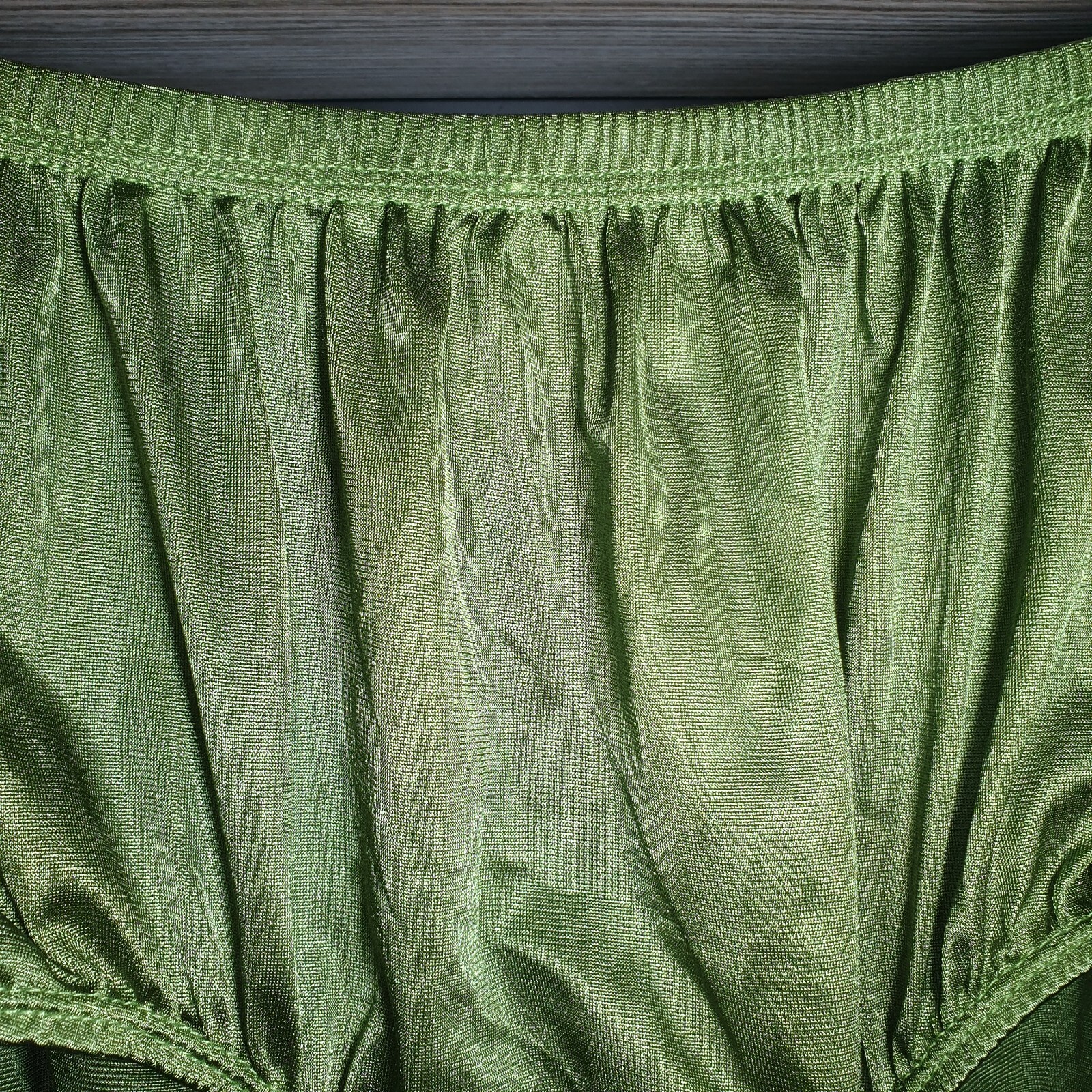 VTG Silky Nylon Panty Olive Green Granny Double Gusset Brief Sz 10-11 Hip 48-52″