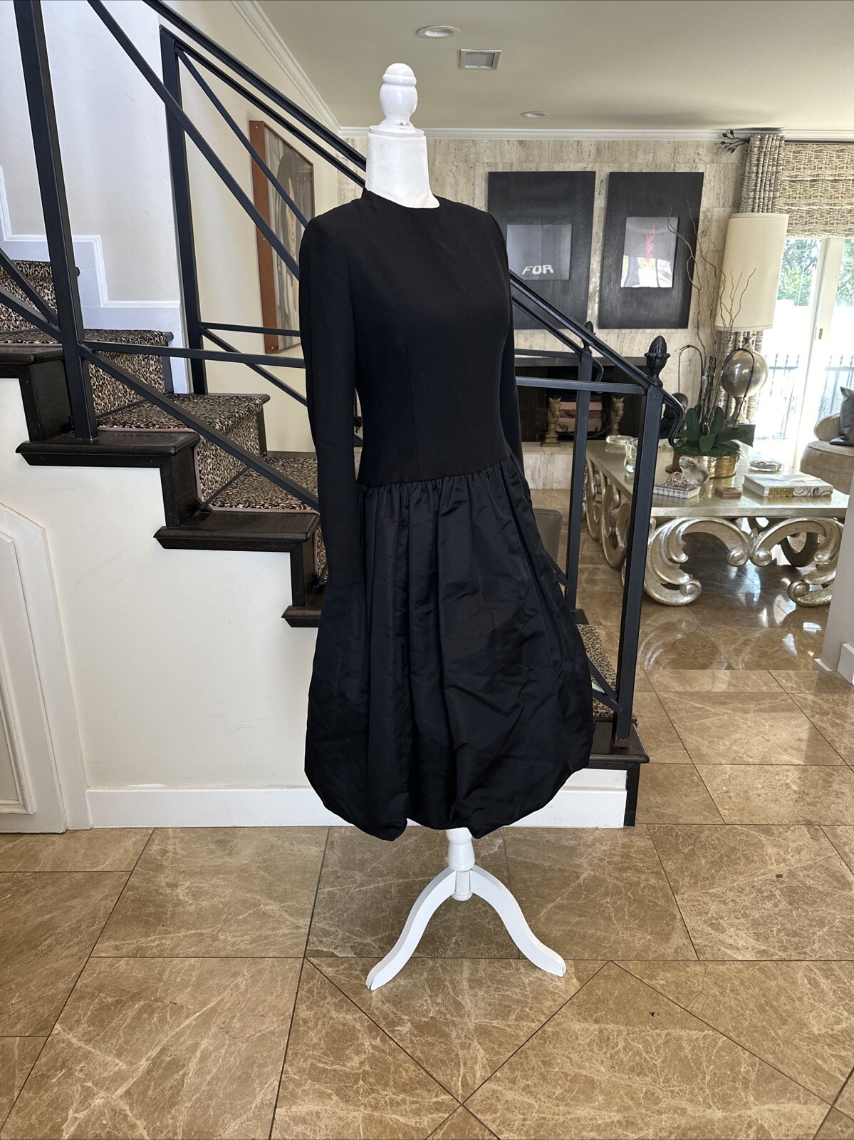 William Pearson 80s Black Wool Drop Waist Stiff Satin Balloon Skirt Dress Size 6
