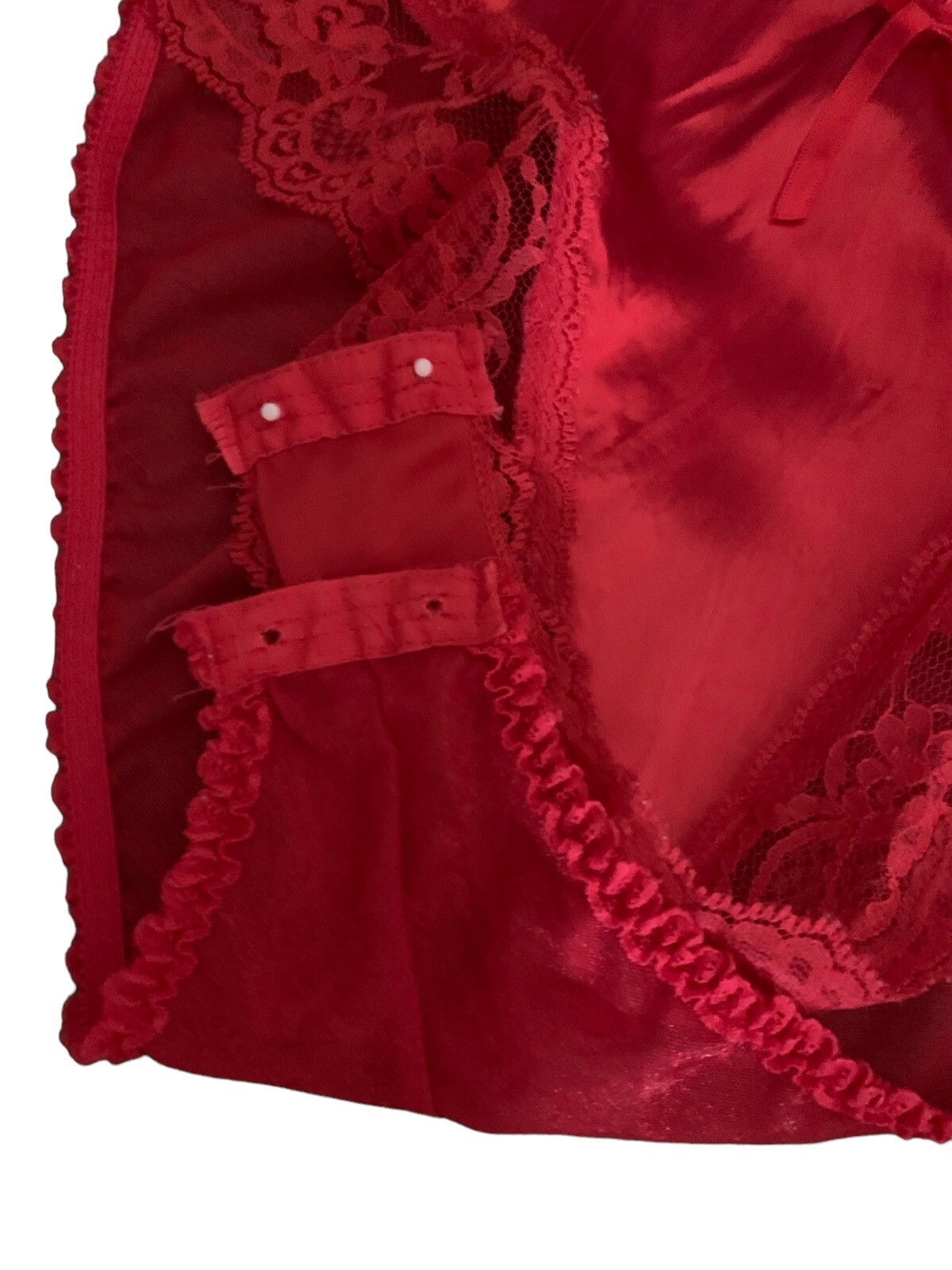 VTG E Bole GLOSSY Lipstick Red Satin Spandex TEDDY Bodysuit Bra PANTY Med Lace
