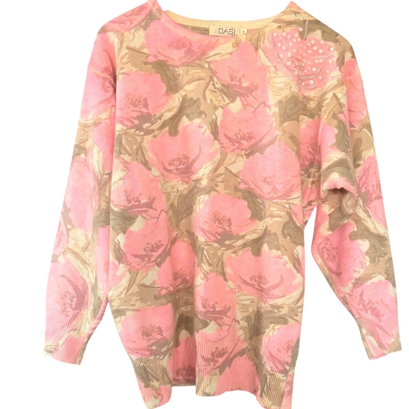 OASI Vintage Pink Floral Lambswool Angora Beaded Sweater Women’s MEDIUM Cottage