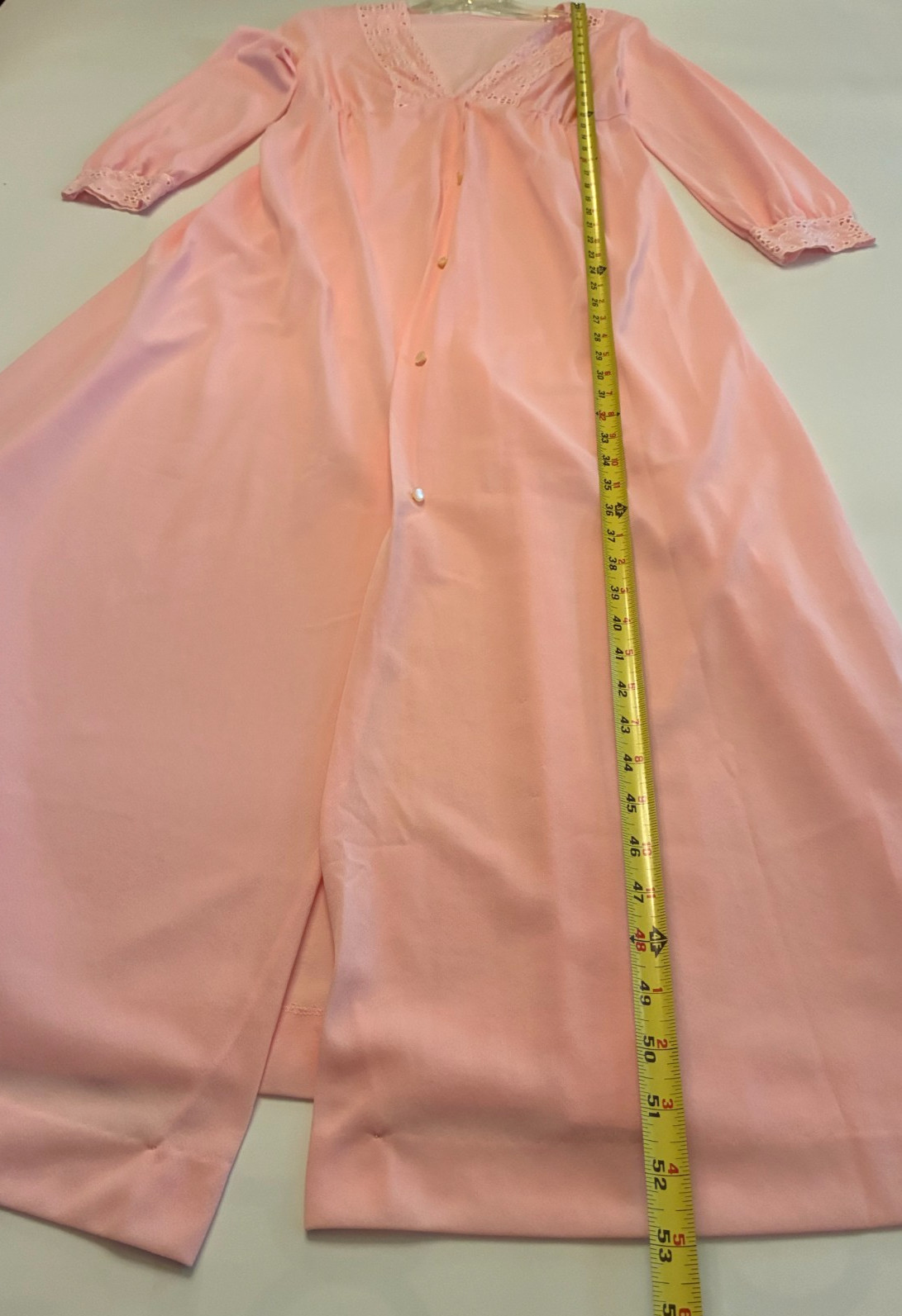 Vintage GOSSARD ARTEMIS LONG ROBE Small PEACH PINK Nylon Crepe Eyelet LACE Sheer